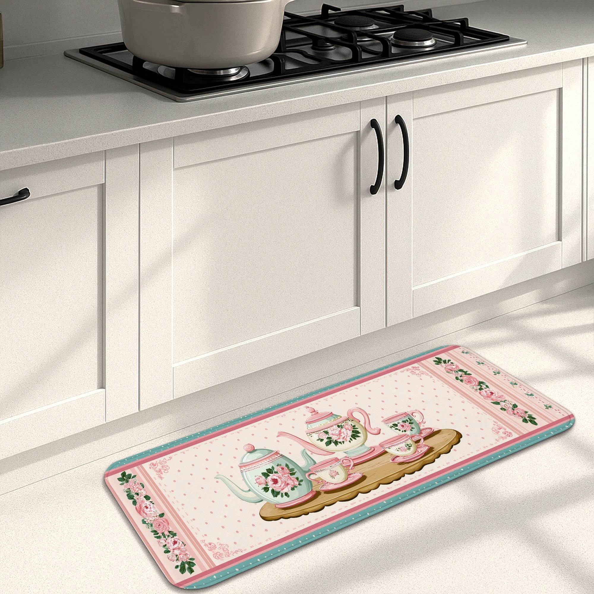 Floral Kitchen Mats for Floor, Vintage Teapot Design Cushioned Comfort Washable Non Slip Decor Rugs for Kitchen Sinks Laundryroom Bathroom 16x47 Inch