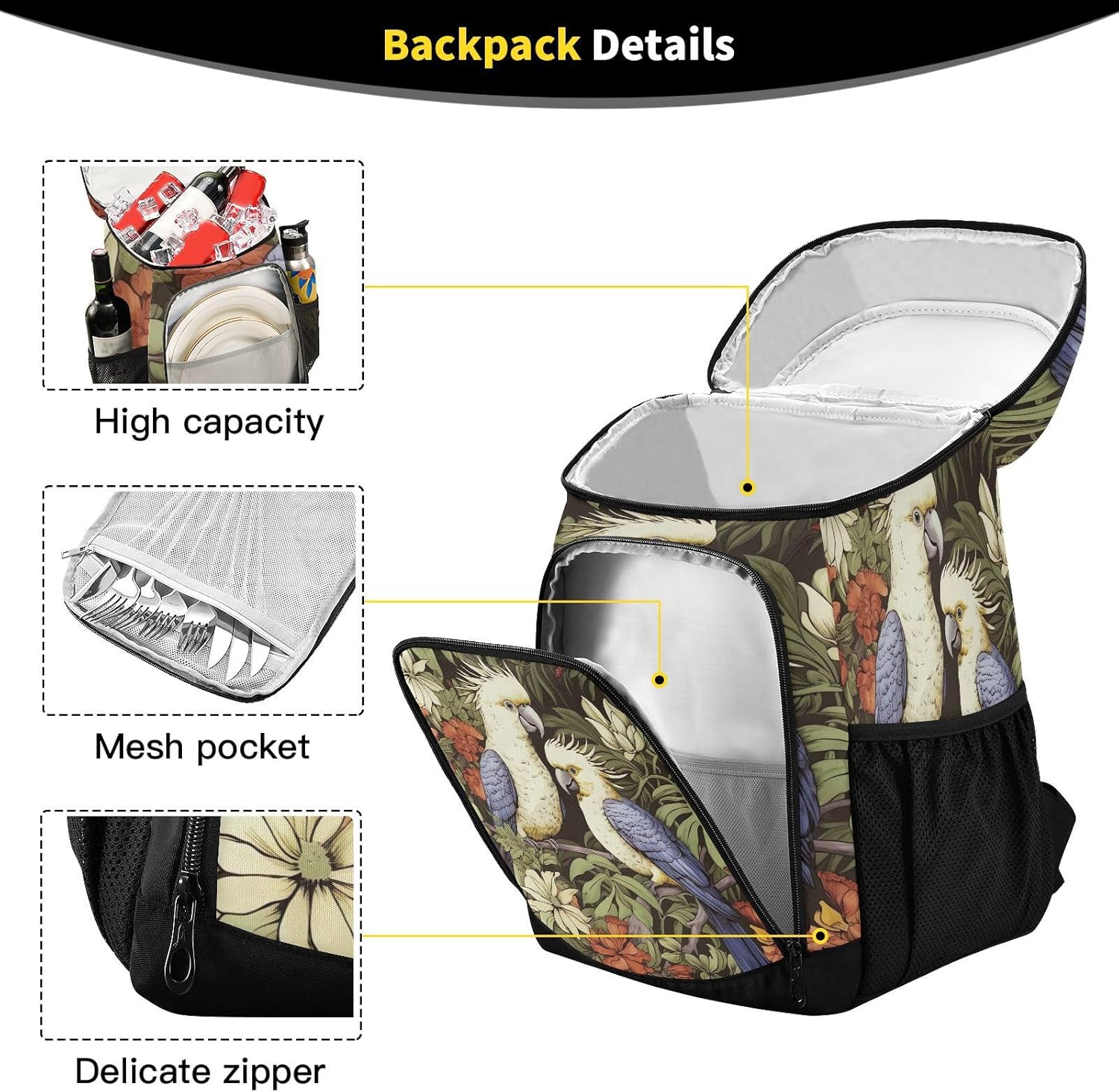 Cute Parrots Cooler Backpack 36 Cans Leakproof Waterproof Backpack Cooler Bag Beach Accessories for Women and Men Travel Camping Fishing Backpack