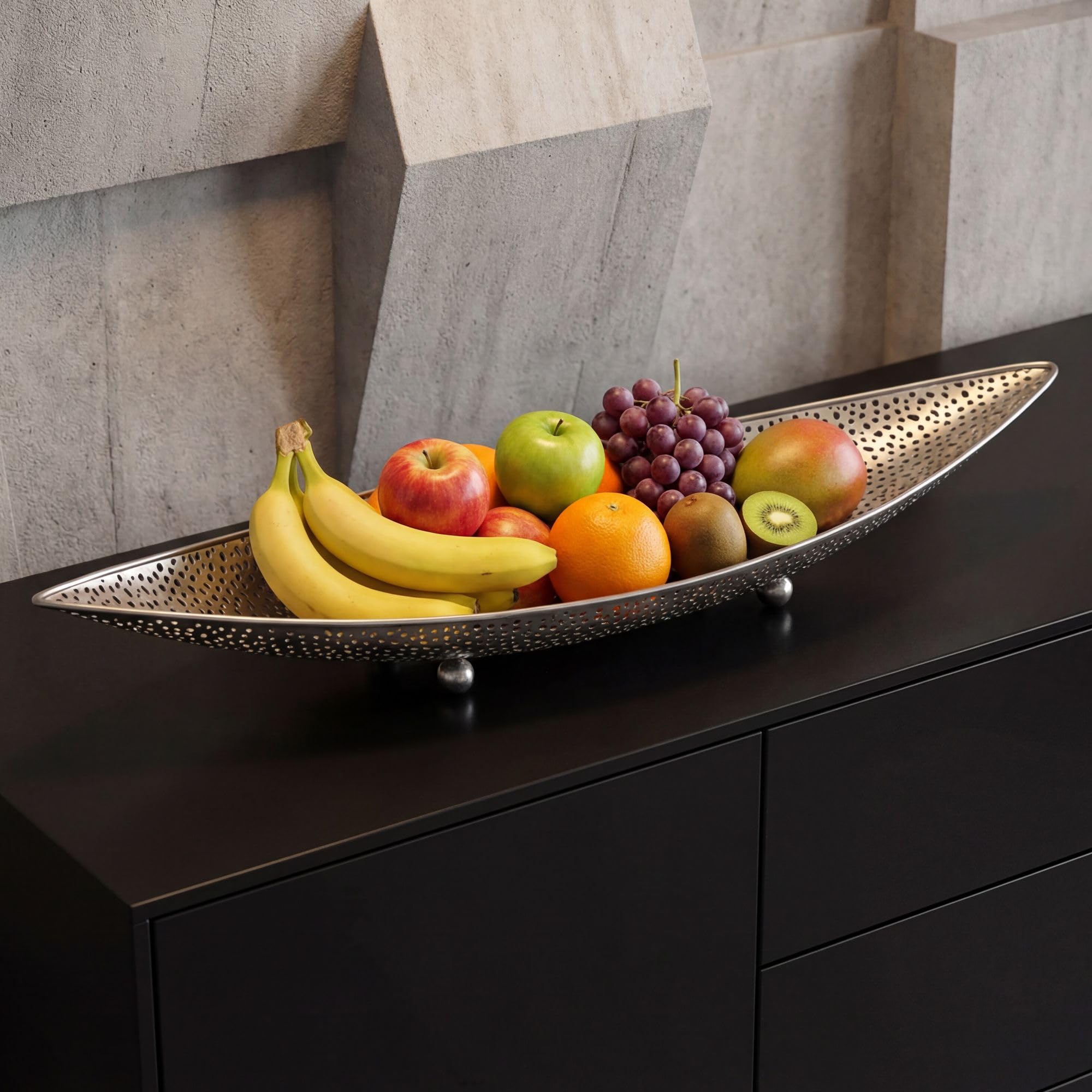 FineBuy Miska na owoce 60 x 16 x 9 cm Aluminium Srebrny Handmade | podłużny kosz na owoce w kształcie łodzi, ręcznie wykonany metalowy kosz, ażurowa miska, dekoracja stołu do kuchni