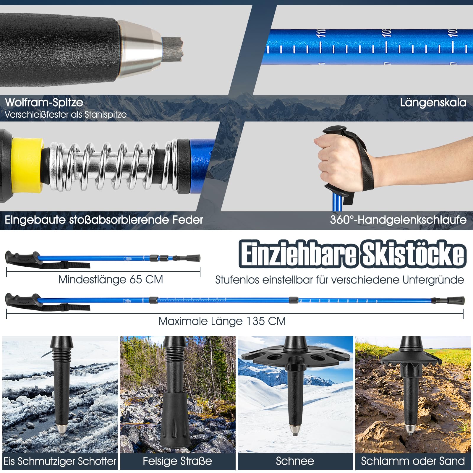 COSTWAY Schneeschuhe mit Steighilfe, Schuhgröße 38-45, Schneeschuhe mit Doppel-Ratschenbindungssystem, Aluminiumrahmen, Trekkingstöcke & Tragetasche, Gamaschen, für Herren, Damen