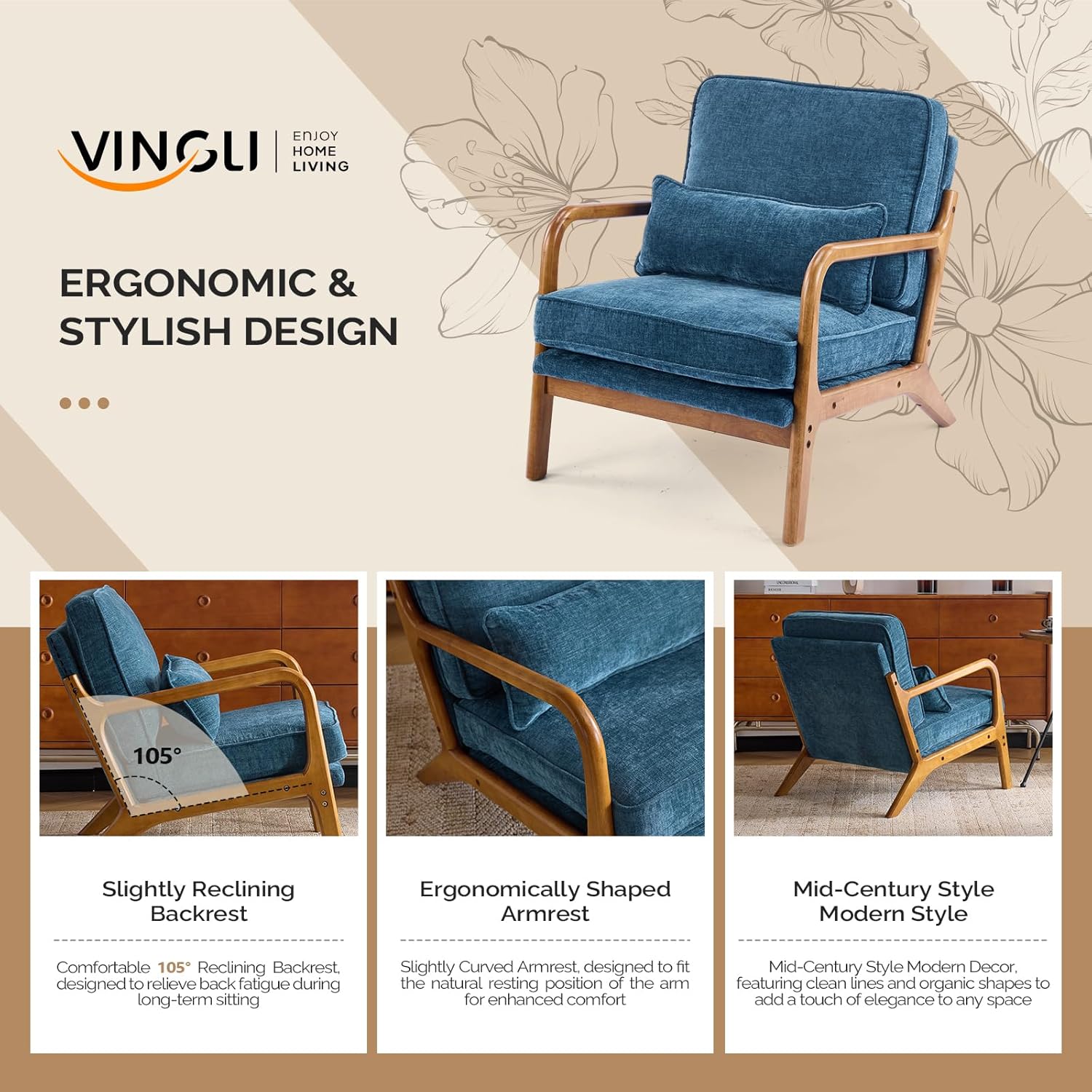 VINGLI Chenille Mid-Century Modern Accent Chair, Cute Reading Arm Chair with Cushion & Lumbar Pillow & Solid Wood Frame for Lounge, Living Room, Reading Room, Bedroom, Blue