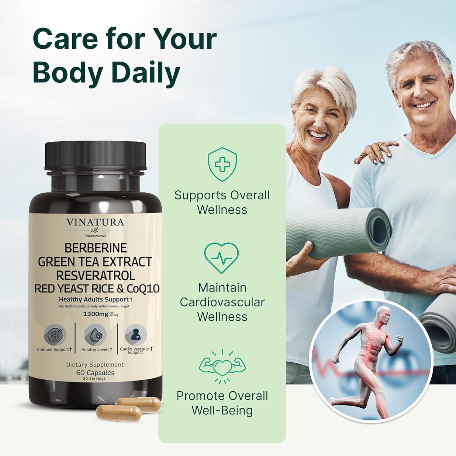 VINATURA Berberine HCL & Ceylon Cinnamon - Red Yeast Rice & CoQ10 1300mg per Serving *USA Made & Tested* Healthy Levels with Green Tea Extract, Resveratrol, Magnesium, Glycinate, Chromium Picolinate - Image 3