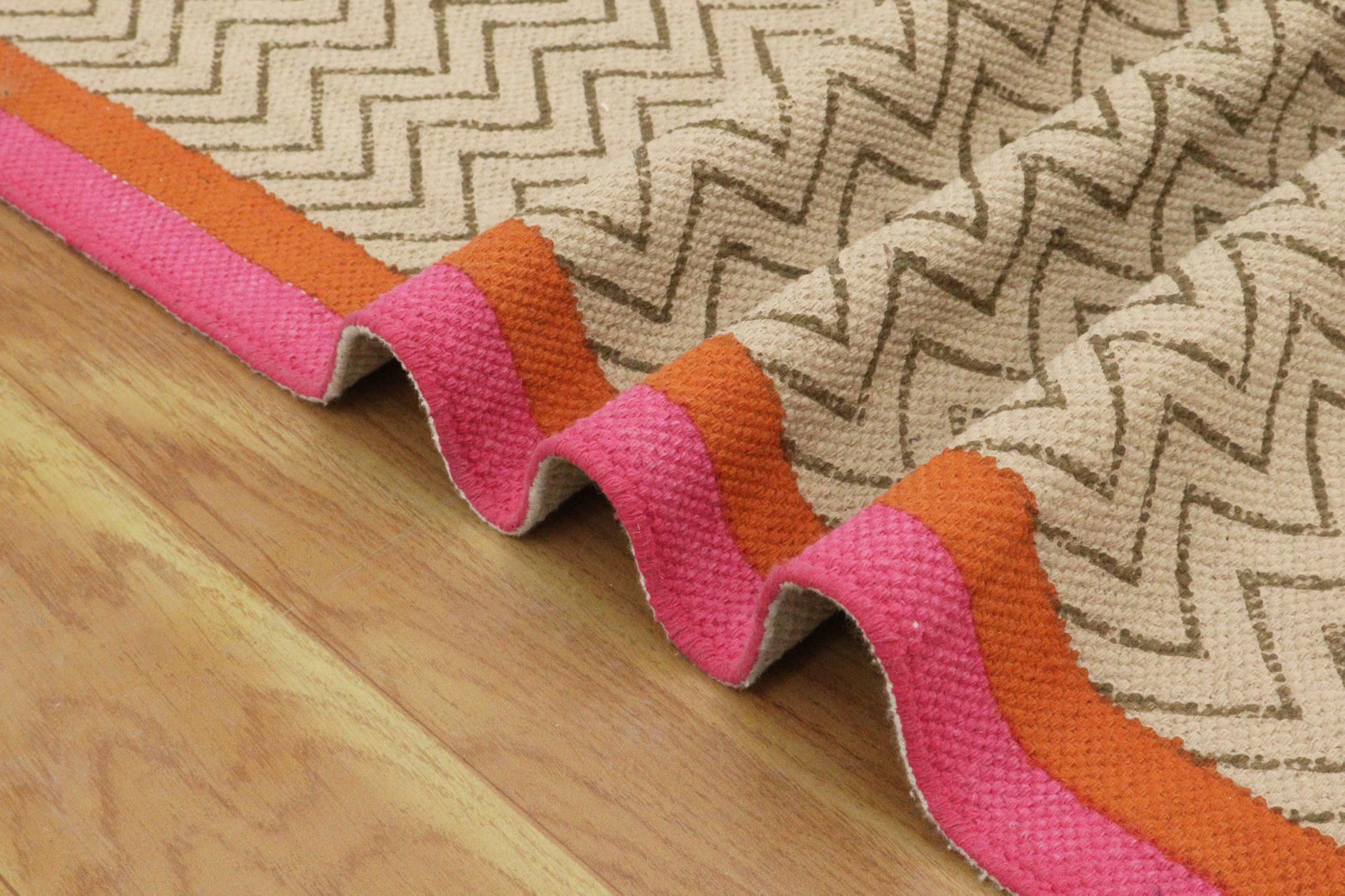 Kelim-Teppich, handbedruckt, Baumwolle, 3 m, quadratisch, Rosa, mehrfarbig, gestreiftes Design, Handwäsche, 0,5 cm dick, Boho, für drinnen und draußen, Flachgewebe, Teppiche für Flur