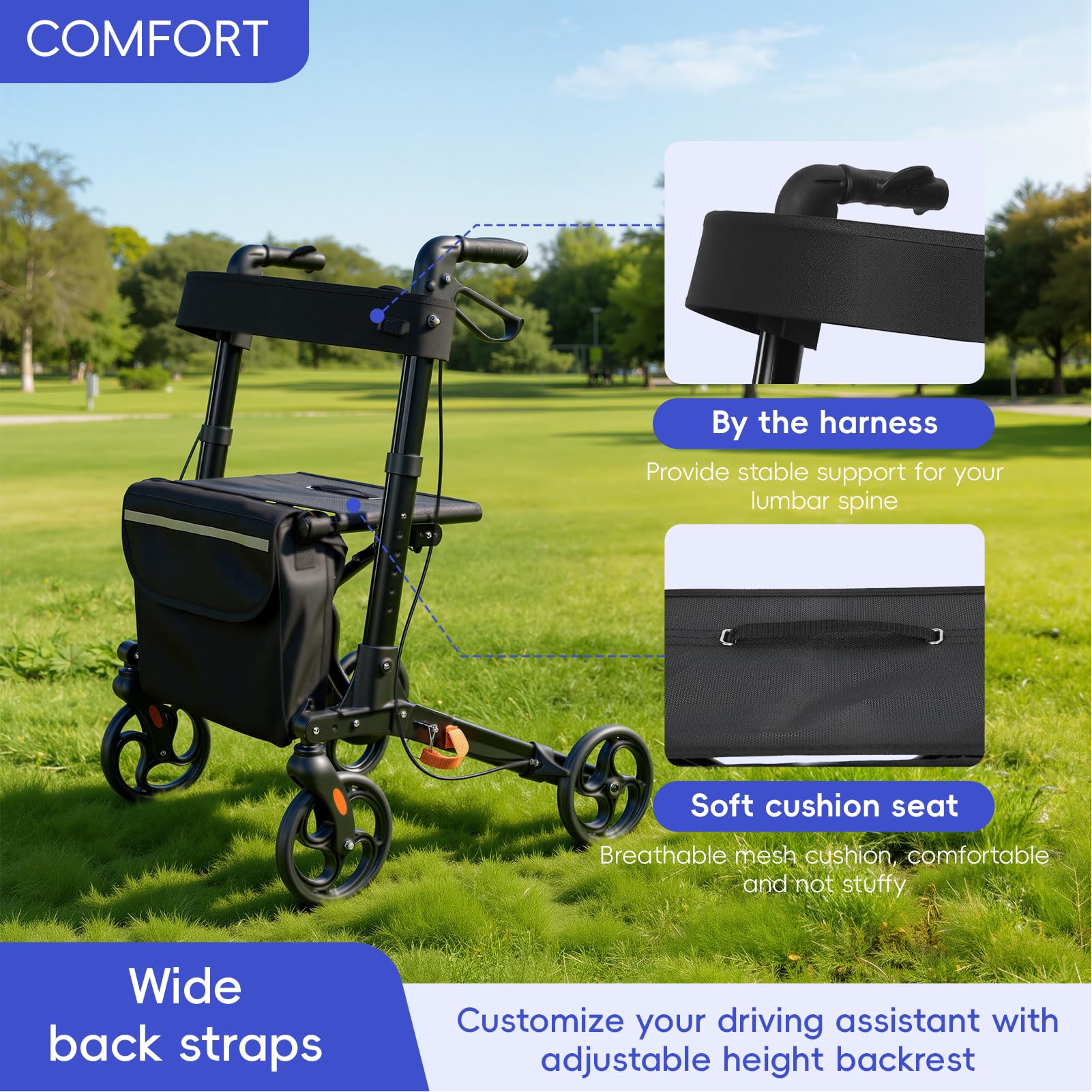 Andador plegable para adultos, ayuda a caminar para ancianos con asiento, respaldo, freno, ruedas grandes de 20 cm, altura ajustable, marco de aluminio resistente, 159 kg (Negro)