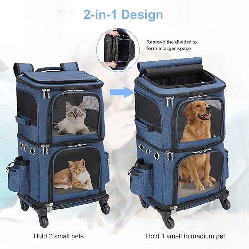 Miniatura 2 de Mochila transportadora de mascotas de doble compartimento con ruedas para gatos pequeños y perros, transportador rodante para 2 gatos, perfecta para