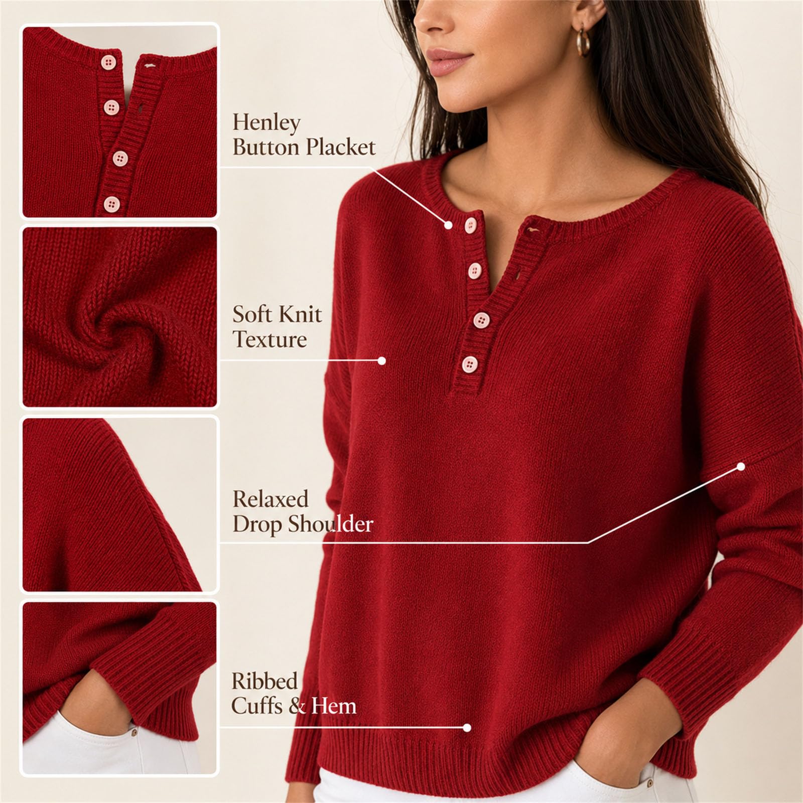 Damski sweter Henley z długim rękawem okrągły dekolt luźny krój dzianinowy | Henley zapinana na guziki długi rękaw luźny sweter z dzianiny na co dzień jesienne stroje do pracy i weekendu
