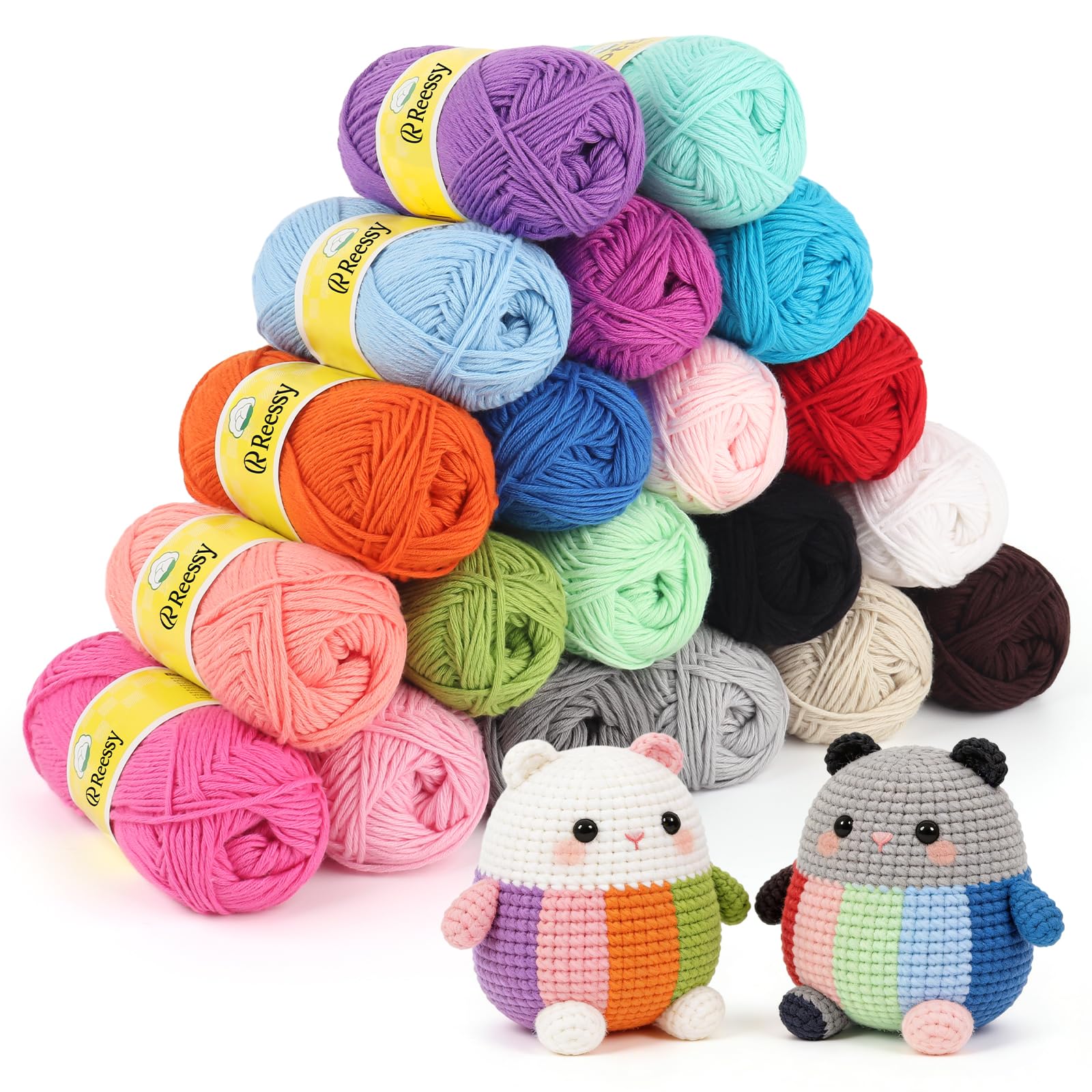 Reessy 100% Cotton Yarn, 500g(20×25g) Cotton Yarn for Crochet, Amigurumi Cotton DK Yarn for Knitting, Soft 8 Ply Crochet Yarn Set Multi Color - Suitable for Exquisite Colorful Crafts
