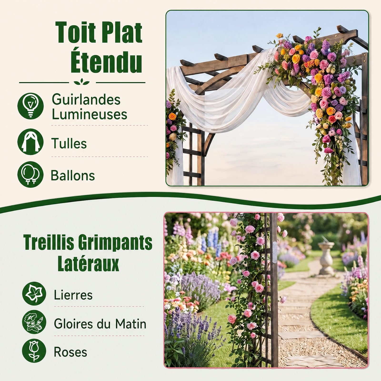 GYMAX Arche de Jardin en Bois pour Roses, Support pour Plantes Grimpantes | Arceau Décorative Extérieure à Sommet Plat, Structure Renforcée, pour Mariage Fête Pelouse et Arrière-Cour, 160x60x216cm