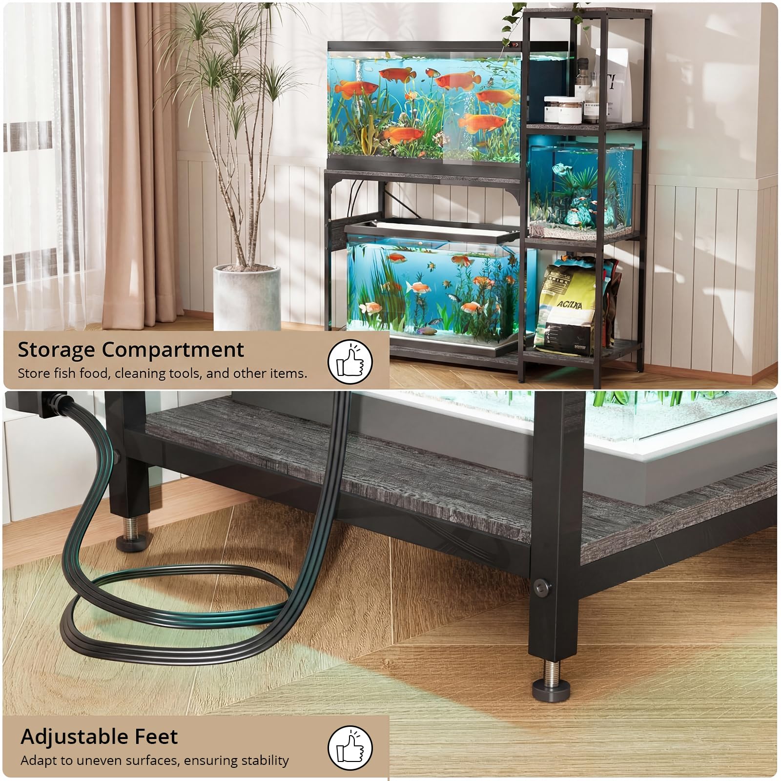 VOWNER Aquarium-Ständer mit Steckdose, Holz, mit Ablagen für Aquarium-Zubehör, robuster Metallrahmen, Schildkröten-Reptilien-Terrarium-Ständer, Tragkraft 227 kg, Grau