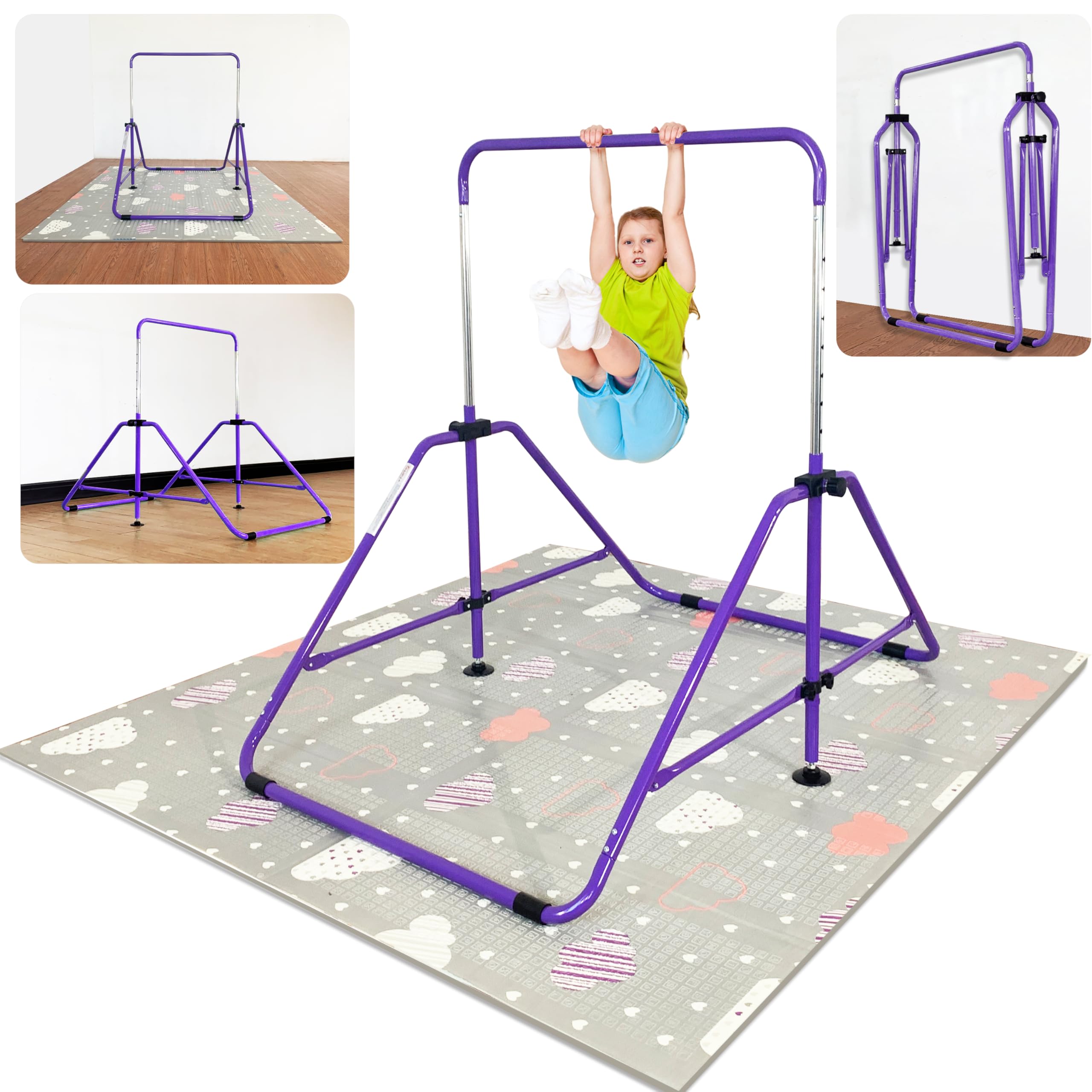 MARFULA Foldable Gymnastic Bar for Kids Ages 3-9, 9 Height Levels, 200 lbs Weight Capacity, 5 Ft Length Gymnastic Kip Bar with Mat, Gymnastic Equipment for Home and Gym Center Indoor Outdoor Use