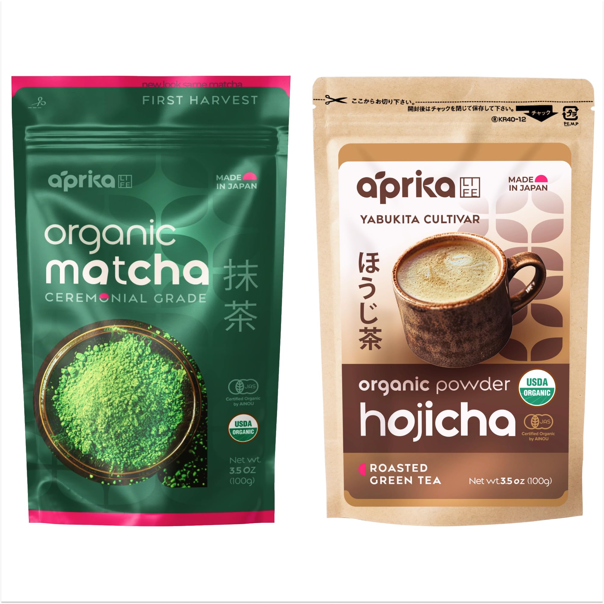 AprikaLife Organic Matcha Hojicha Green Tea Powder Bundle - 100g 3 5oz Each Medium Caffeine Sugar Free Vegetarian