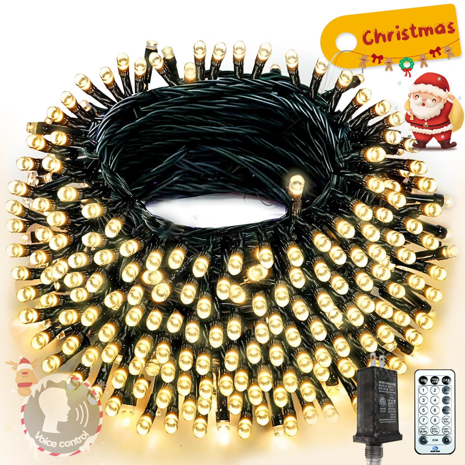 Voice Control 88Ft 240LED Christmas String Lights with Remote, Warm White