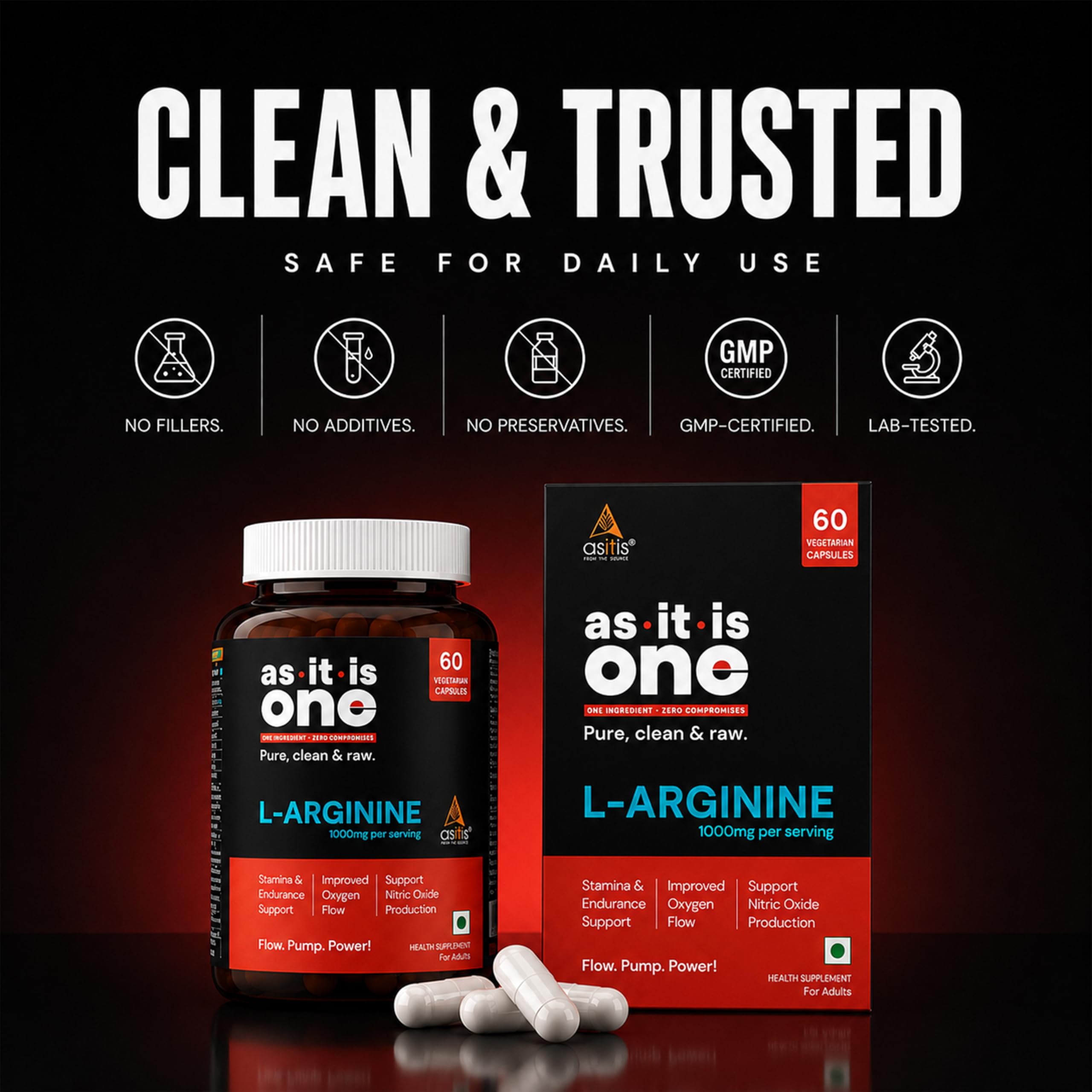 AS-IT-IS One L-Arginine 1000mg, 60 Veg Capsules: Stamina & Endurance Support, Boosts Nitric Oxide Production, Improved Oxygen Flow – Supplement for Adults of All Ages 1