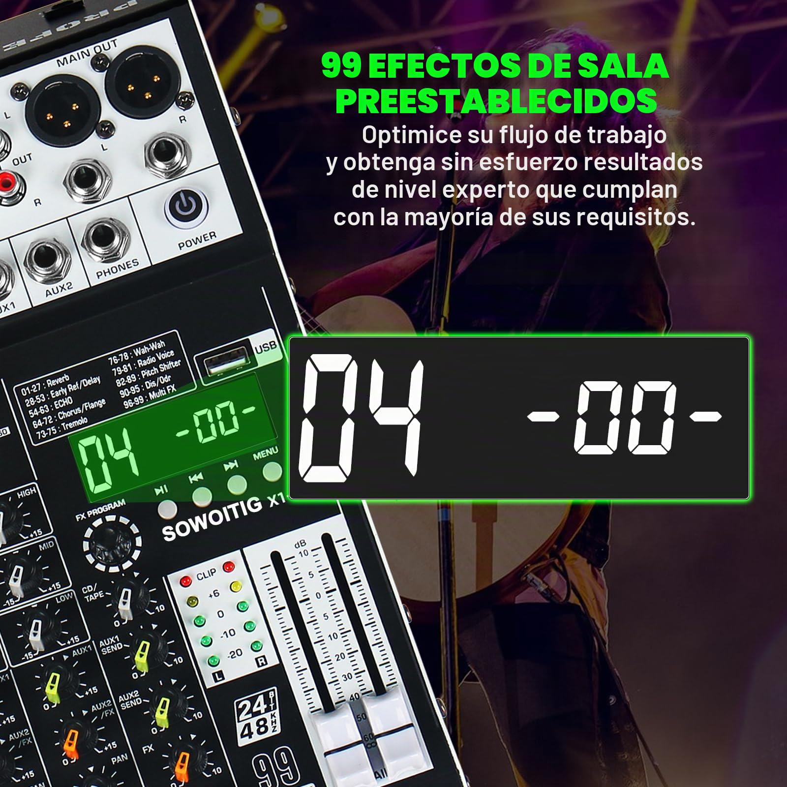 Consola de mezcla de audio de 4 canales con 99 efectos DSP, mezclador DJ digital, panel de mezcla profesional con USB, Bluetooth, alimentación fantasma de 48 V