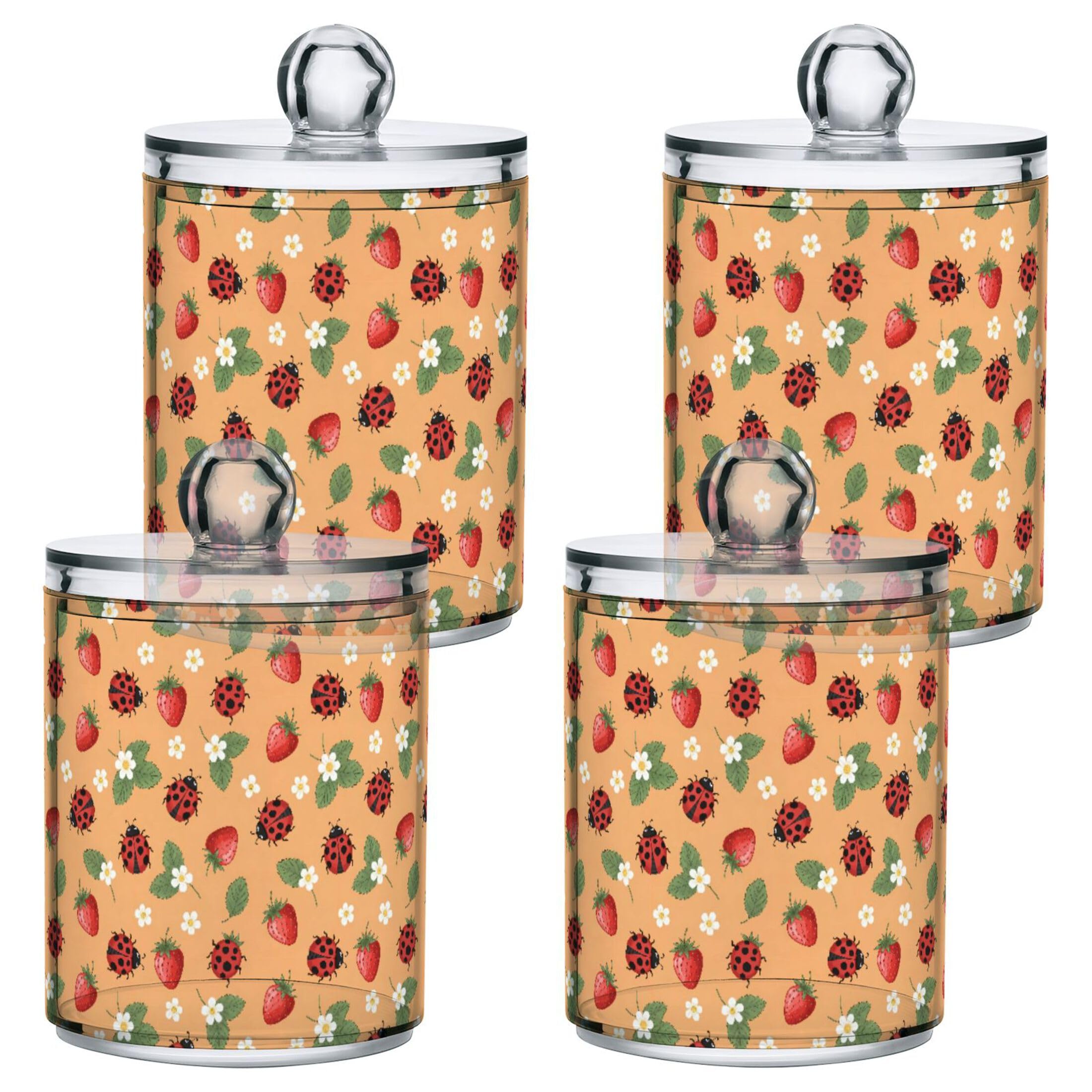 Fuauuyl Ladybugs Strawberry Qtip Holder Dispenser 4 Pack Plastic Apothecary Jar Storage Organization Bathroom Vanity Makeup Storage Organization for Cotton Ball Swab Pad