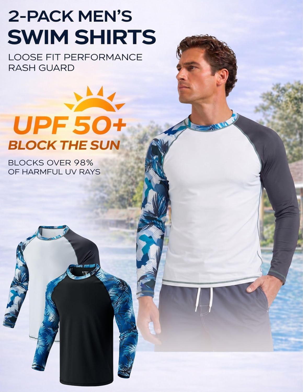 2 Pack Men’s Rash Guard Long Sleeve Swim Shirts UPF 50+ Sun Protection – Quick Dry Lightweight UV Fishing Surf Shirt