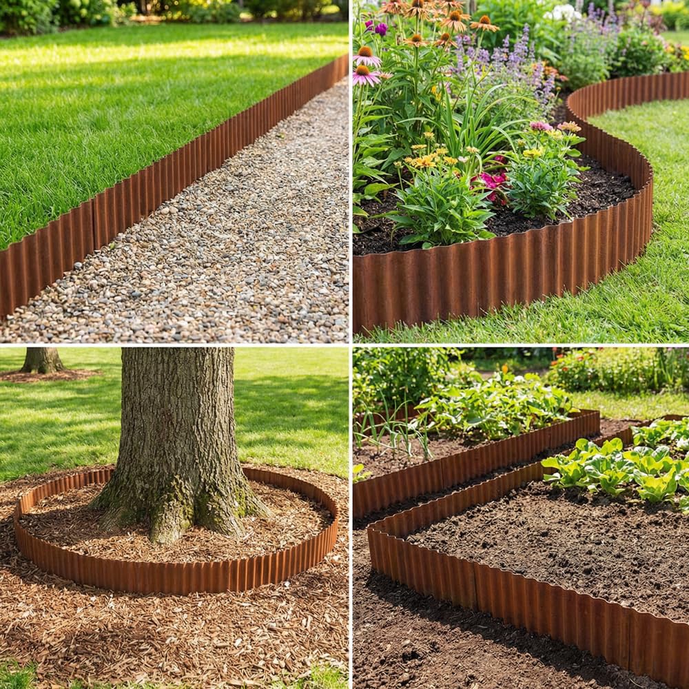 Bordura Acero Corten 12m, Borduras Jardín Metálicas de 15 cm de Altura, Fácil de Instalar - Separador Jardín Exterior Ondulado con Pátina Natural de Óxido (Marrón)
