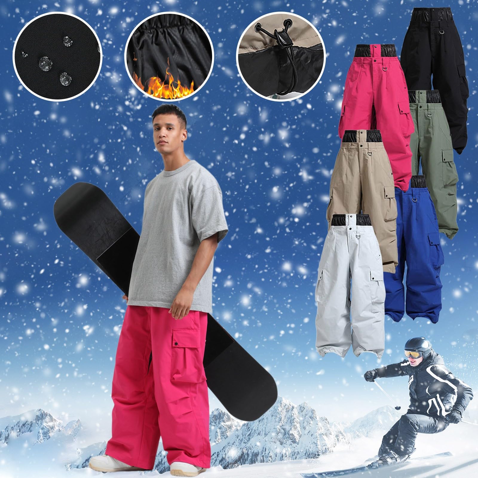 Generisch Pantaloni da snowboard da uomo, baggy, impermeabili, da sci, pantaloni cargo da neve, caldo isolamento, pantaloni da sci, pantaloni invernali, traspiranti, snowboard, pantaloni da neve