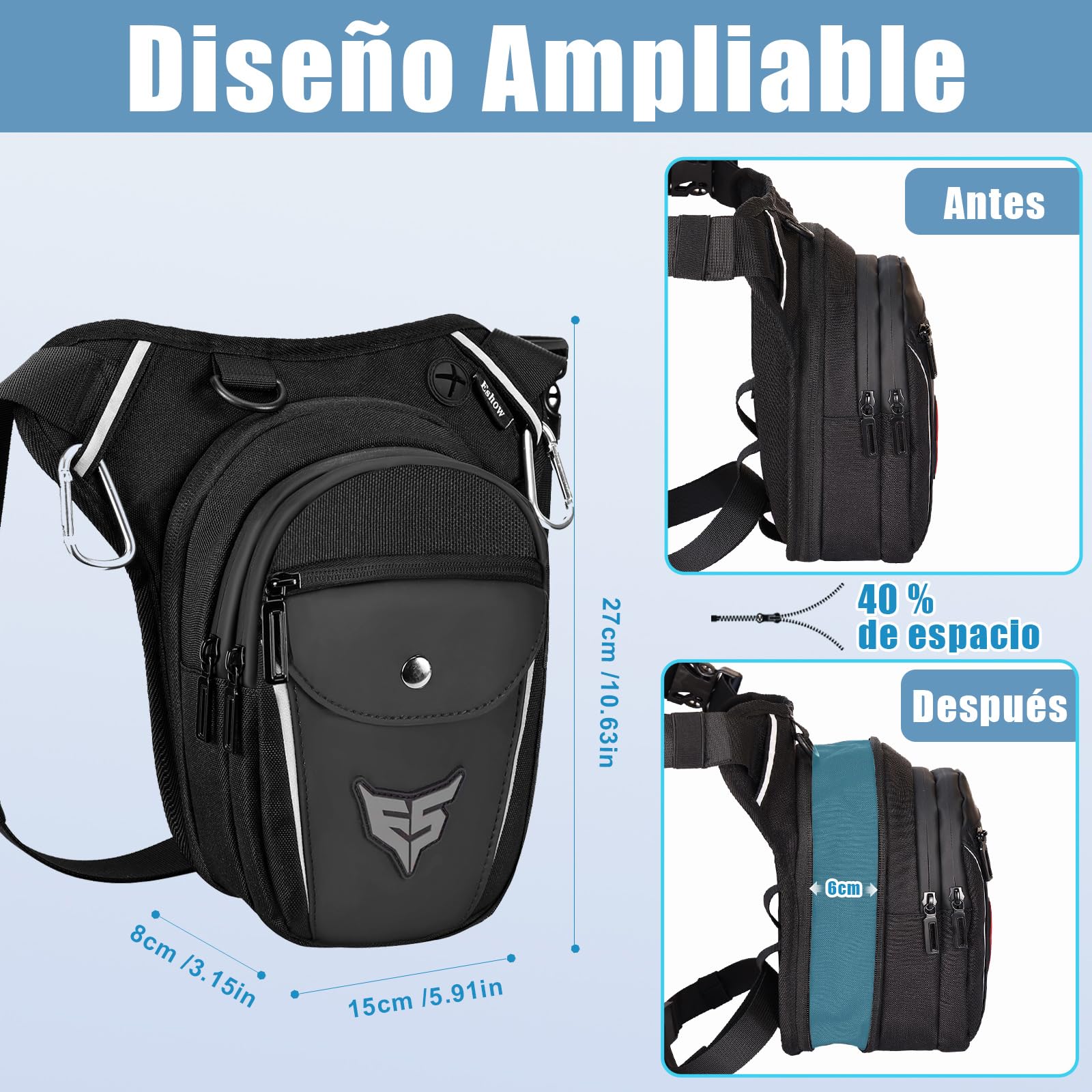 Eshow Pernera Moto Ampliable, Riñoneras con Portabotella y Tira Reflectante para Hombre y Mujer, Bolsa Pierna para Ciclismo Montañismo Viajes Senderismo Trabajo Camping Escalada Negro