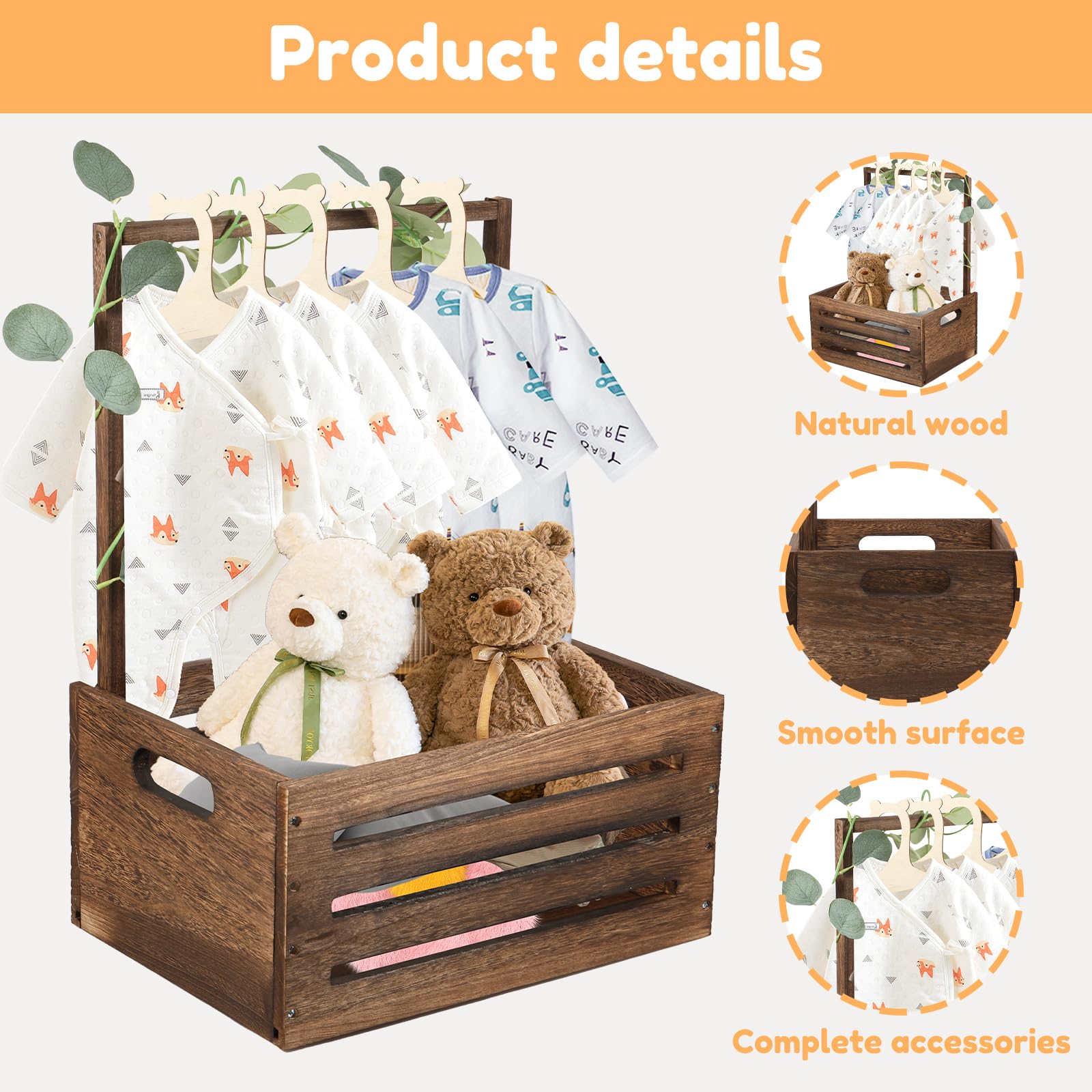 Panier pour cadeaux en bois, pour fête prénatale, avec 5 cintres, panier pour bébé avec poignée, panier cadeau de fête prénatale en bois, panier à linge, cadeau de fête prénatale (style 6)