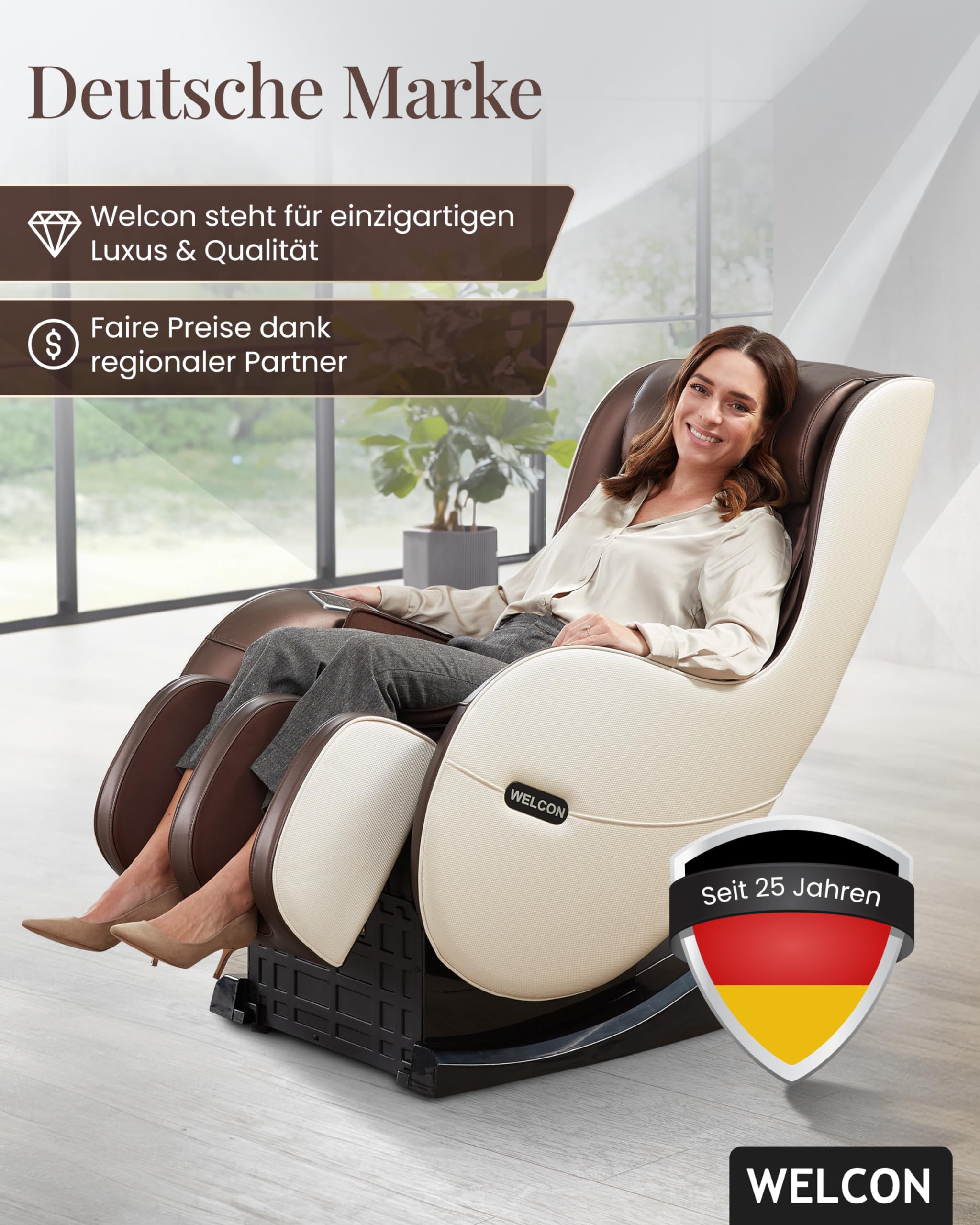 WELCON EASYRELAXX Massagesessel elektrisch in Beige-Braun – L-Shape Relaxsessel mit Automatikprogrammen, Knetmassage & Klopfmassage, Ganzkörper-Massagestuhl für Zuhause
