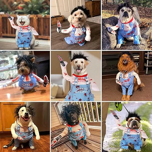 Miniatura 4 de Disfraz de muñeca mortal para perro, novedoso disfraz de Halloween para perro, ropa divertida para perros pequeños, medianos y grandes, gatos,