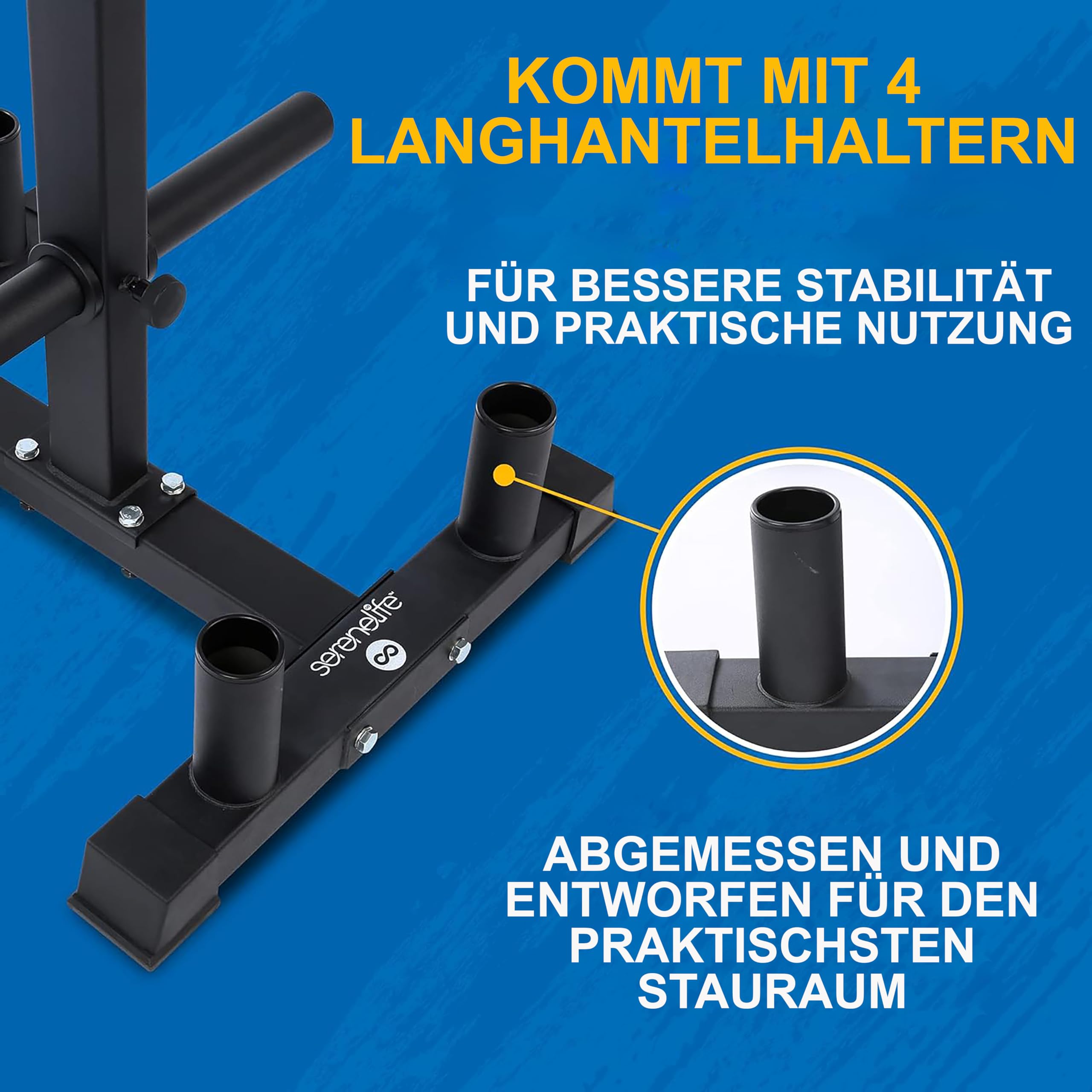 SereneLife Hantelscheibenständer mit Langhantelhalter – Hantelständer zur Aufbewahrung von Gewichten – 360 kg Belastbar, 6 Plate-Posts, 2 Hantelstangenhalter, pulverbeschichteter Stahl