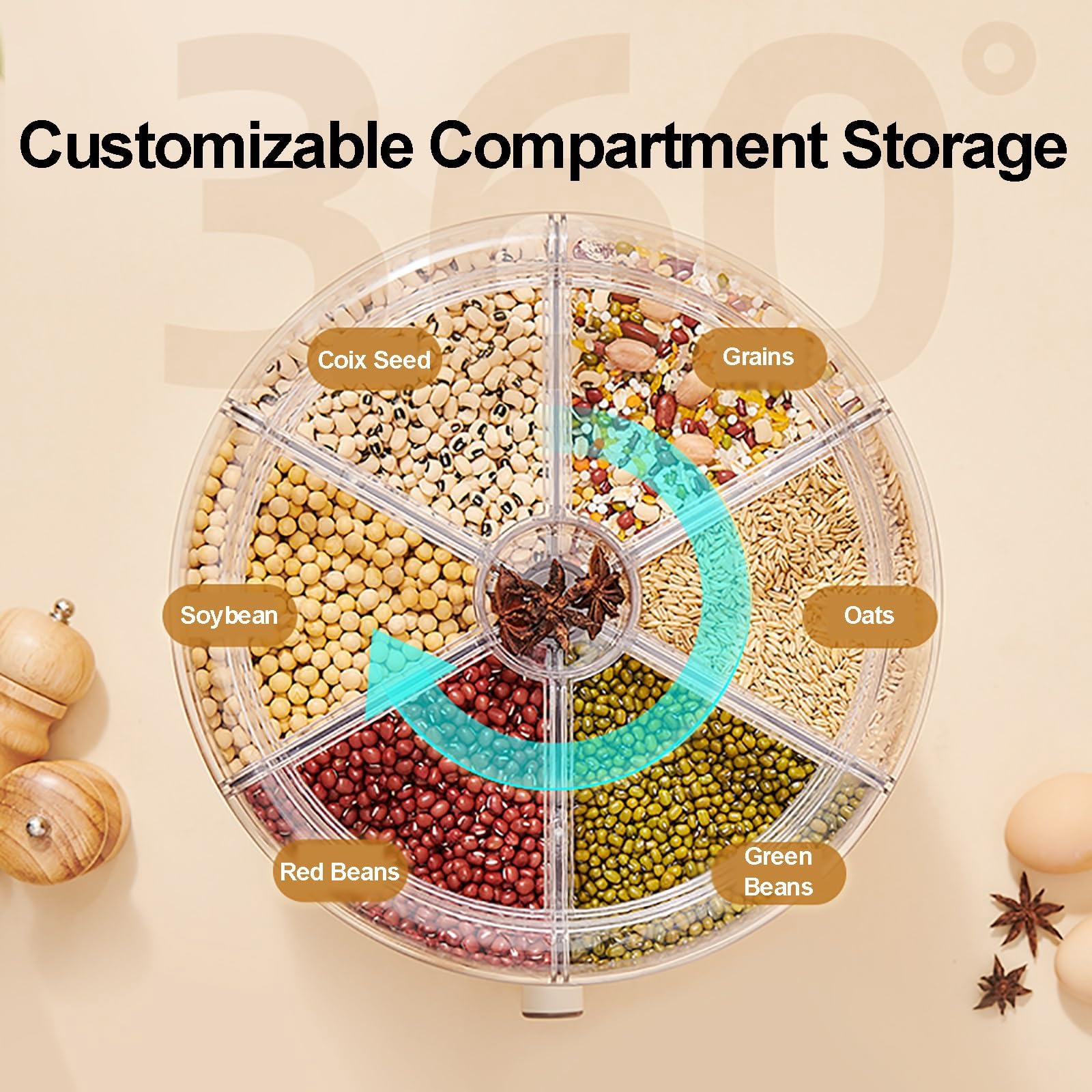 Dispensador de cereales de 6 rejillas, recipiente giratorio hermético para almacenamiento de alimentos para granos pequeños, frijoles, arroz, almacenamiento de alimentos secos de 7.2 L con tapas