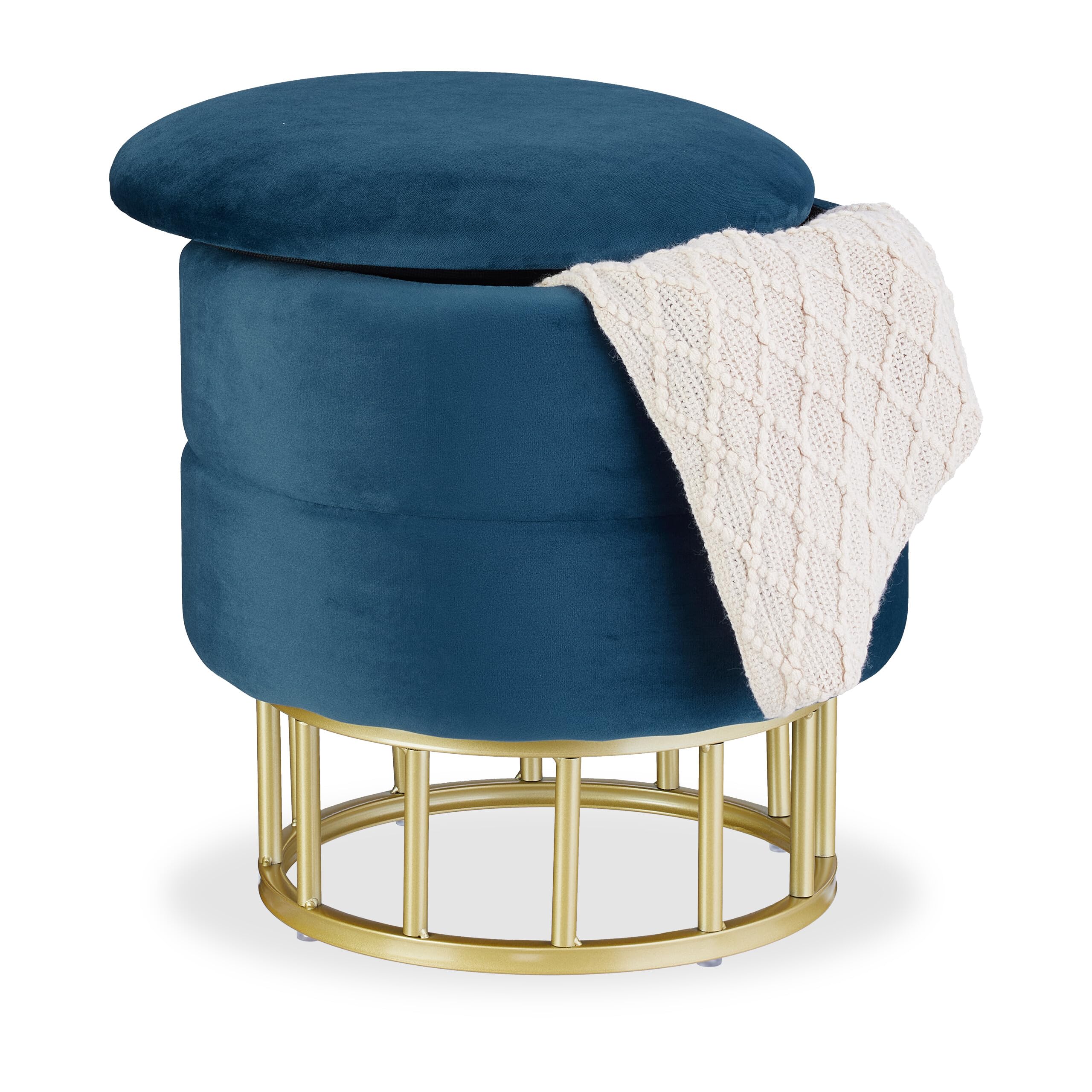 Relaxdays Samthocker mit Stauraum, runder Sitzhocker, gepolstert, Wohnzimmer, H x D: 40 x 40 cm, Hocker Samt, blau/Gold