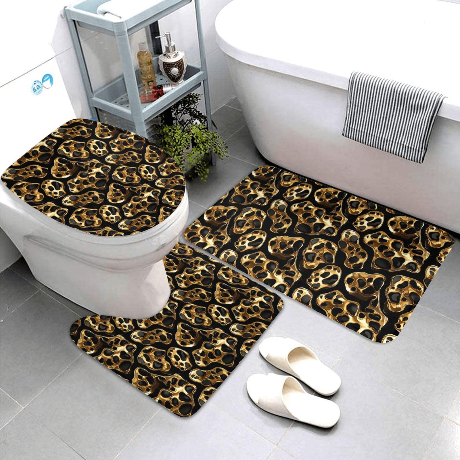 Tapis de bain léopard doré haut de gamme lavable et contour de WC doux