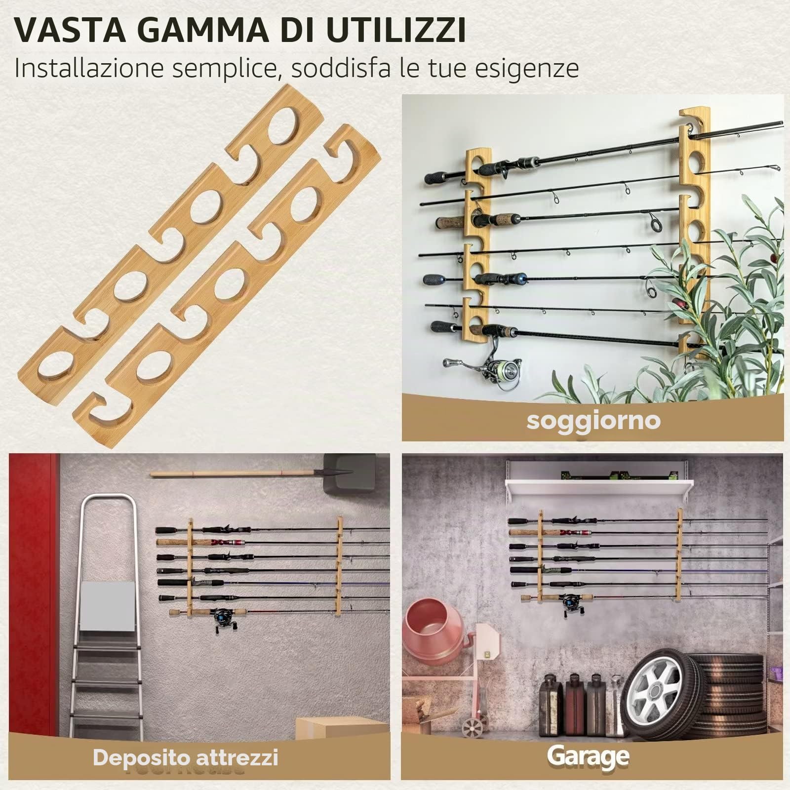 THKFISH Porta Canne da Pesca da Muro Portacanne da Pesca per Garage in Legno Bastone da Pesca Wall Rack Store 7 combo di canne da pesca, 1 coppia Orizzontali