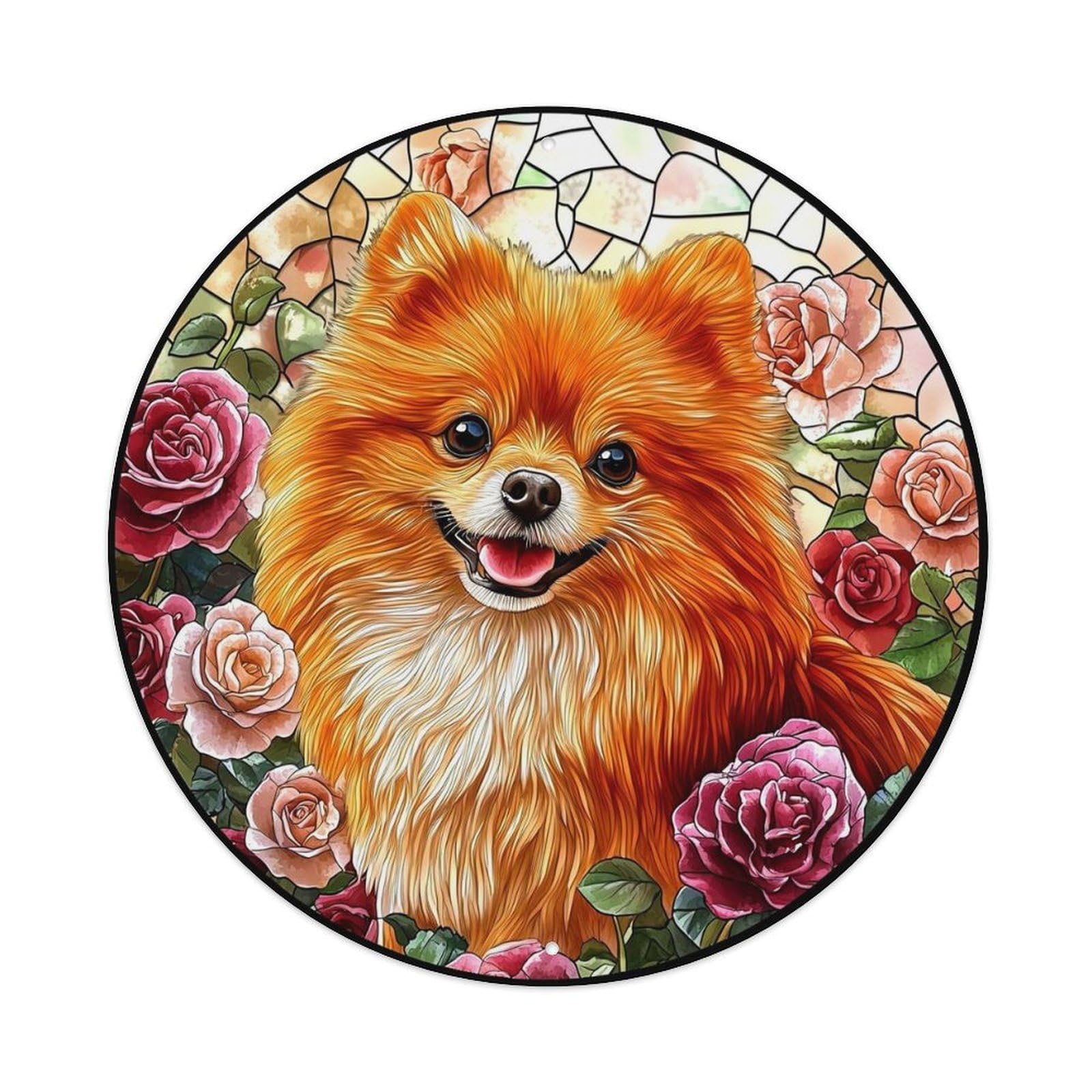 Stained Glass Dog Roses Pattern_2 Round Tin Sign Vintage Metal Sign Home Bar Garden Indoor & Outdoor Wall Decor Retro Metal Poster 8x8 Inch
