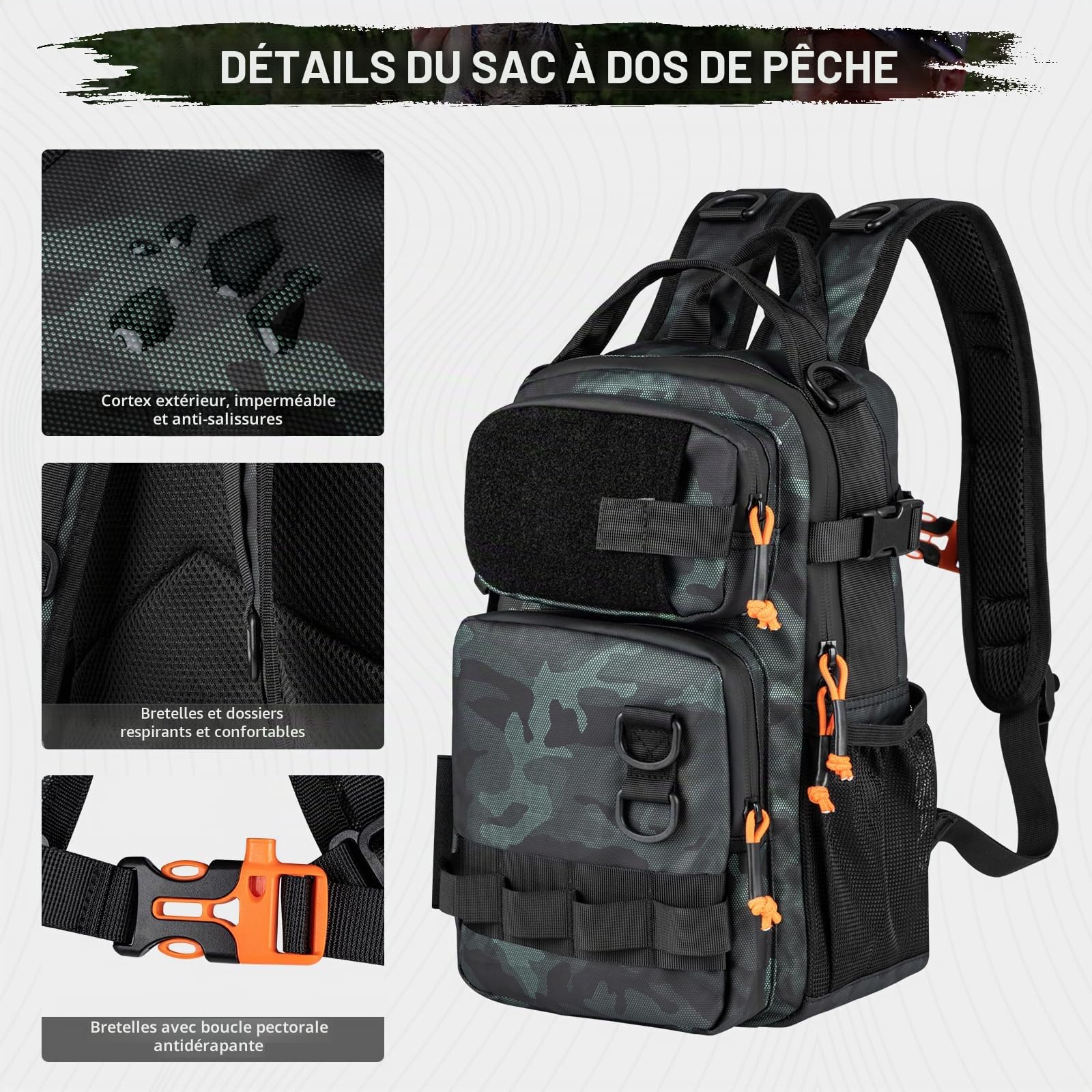 THKFISH Sac à dos de pêche avec support de canne, kit d'outils de pêche, sac résistant à l'eau avec kit de leurres de pêche, boîte de matériel de pêche et ensemble de pinces pour homme et femme