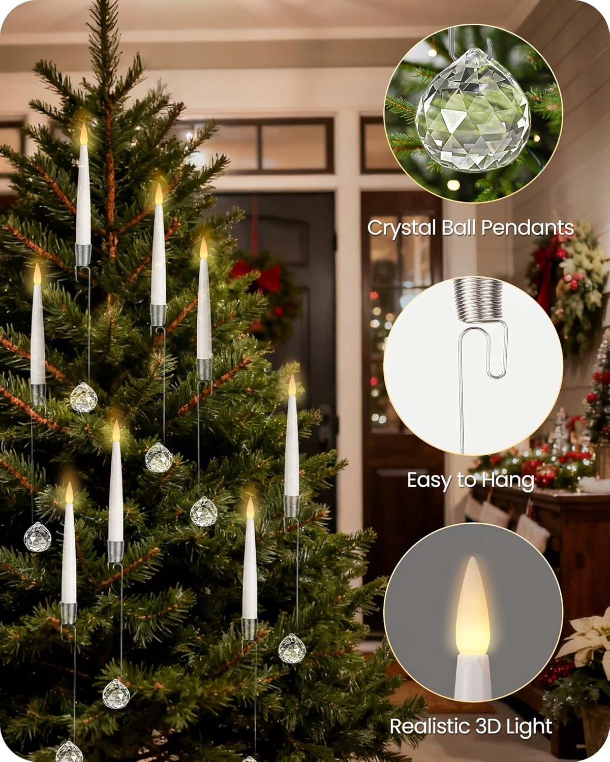 Flameless Candles for Christmas Tree, 10 Pack Christmas Tree Candles, Battery Operated Window Candles with Remote, Timer, Crystal Ball Pendants, Steady/Flickering Mode S03FCP1005
