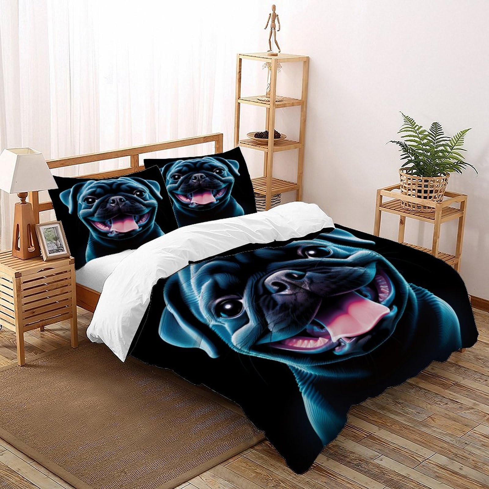 Parure de lit adulte enfant pug housse de couette 2 personnes en microfibre