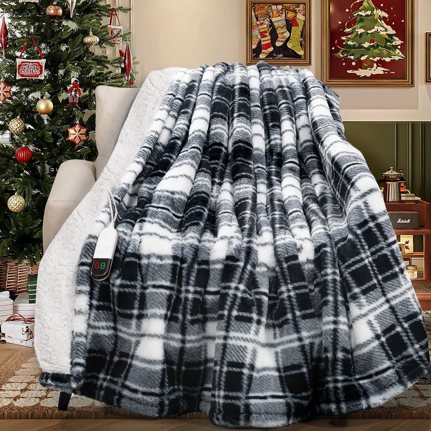 MAXEVE Faux Fur Heated Electric Blanket, 50"x60" Fast Heating Warming Throw Blankets with 8 Heating Levels & 8 Hours Auto Off with Over-Heat Protection & ETL Certified, Plaid Black