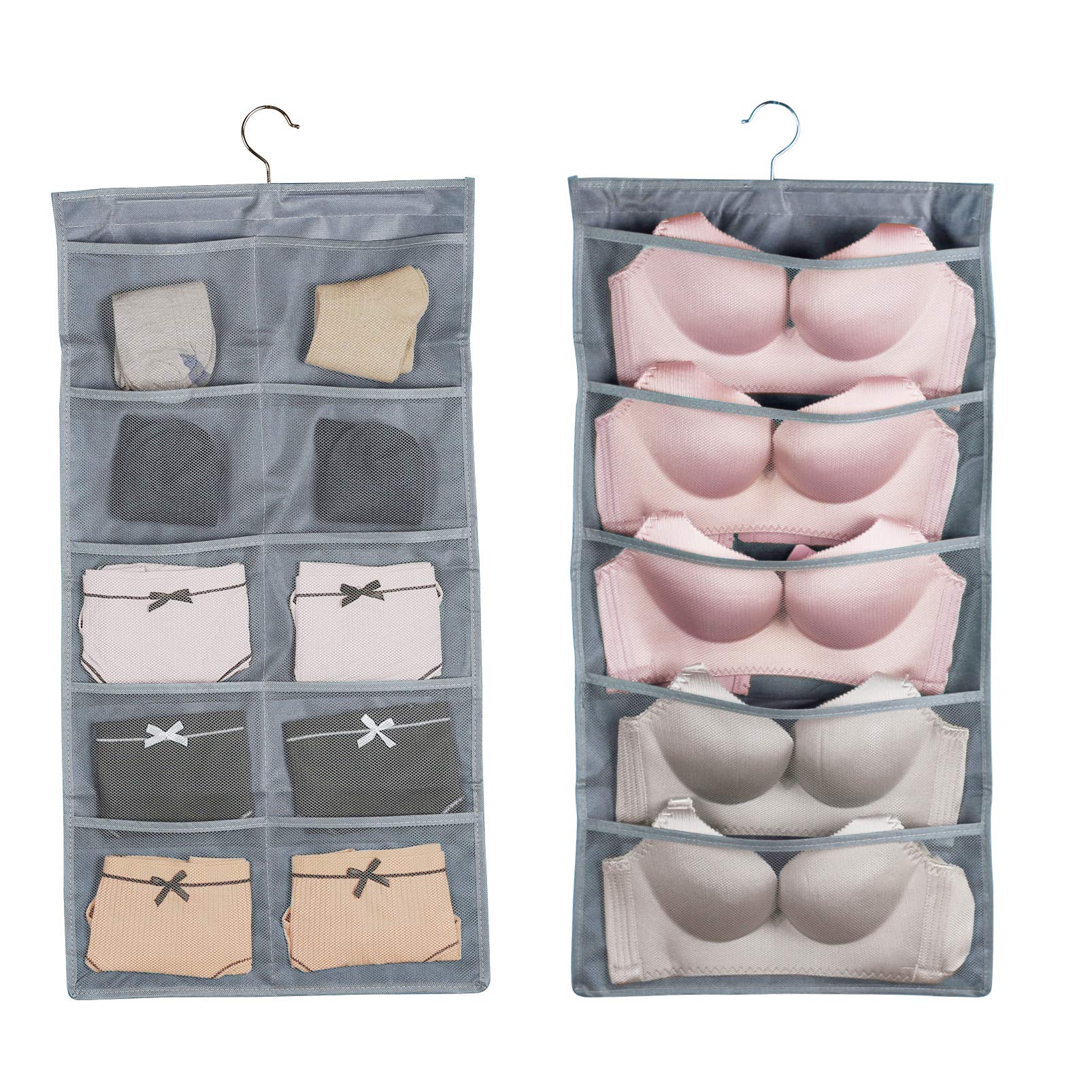 2 Packs Hanging Underwear Organizer Mesh Pocket Closet Storage Bag Dual Sides Bra Panty Sock Storage 15 Pockets with Rotating Metal Hanger(Grey)