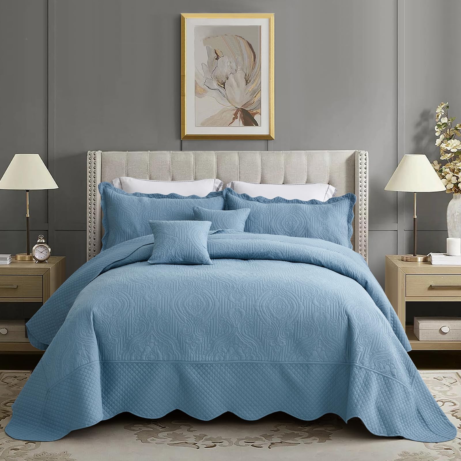 HZ &amp; HY Oversized Alaskan King Bedspreads 138x122, Damask, Ashley Blue