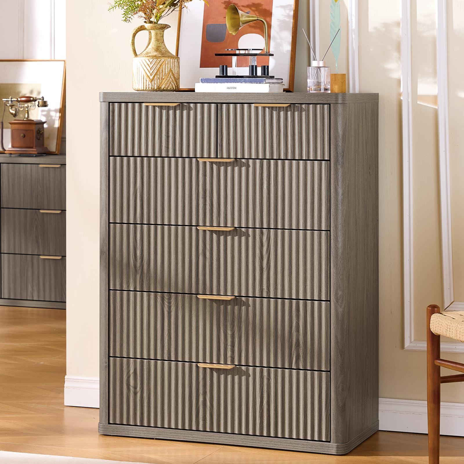 LEYAOYAO Fluted 6 Drawers Dresser for Bedroom, 42" Tall Modern Chest of Drawers with Metal Handle, Curved Profile Design,Wood Drawer Organizer for Bedroom, Living Room, Hallway, Entryway,Grey