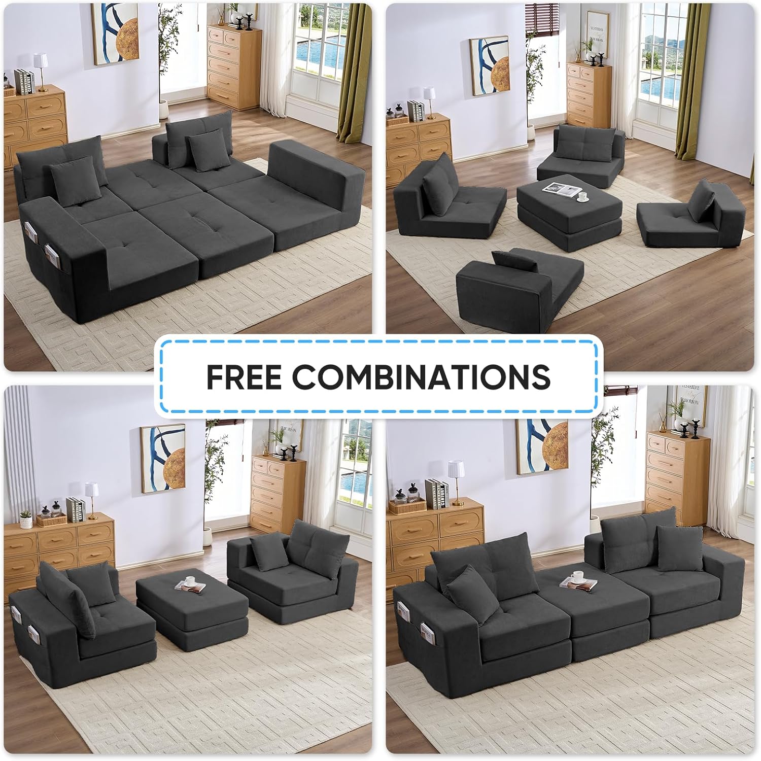 Mjkone Folding Sofa Bed, Foldable Floor Couch, Convertible Funton Sofa with Ottoman, Boneless Cloud Loveseat Couch with Ottoman, Modular Fold Out Lounge Guest for Living Room, Dark Grey