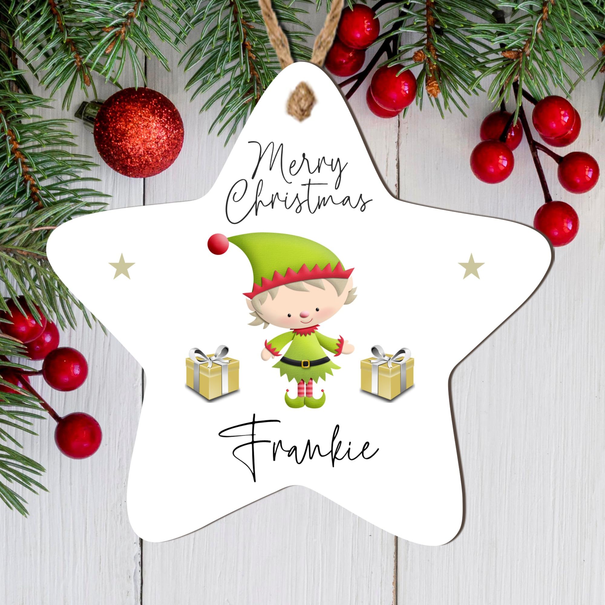 Personalised 'Merry Christmas' Tree Bauble - 8 Designs to Choose from - Custom Name Decorations - Holiday Keepsakes - Gift for Kids, (Mdf Wood Indoor Use Only, Elf Design)
