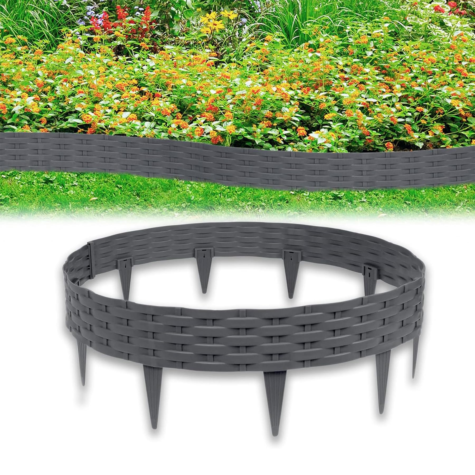 Froadp Rattan Optik Beeteinfassung Rasenkante Set, 100cm Beetumrandungen Kunststoff Rasenkantensteine, Plastik Rasenbegrenzung Beetzaun, Beetabgrenzung Garten Palisaden (40m=40 Stück, Anthrazit)