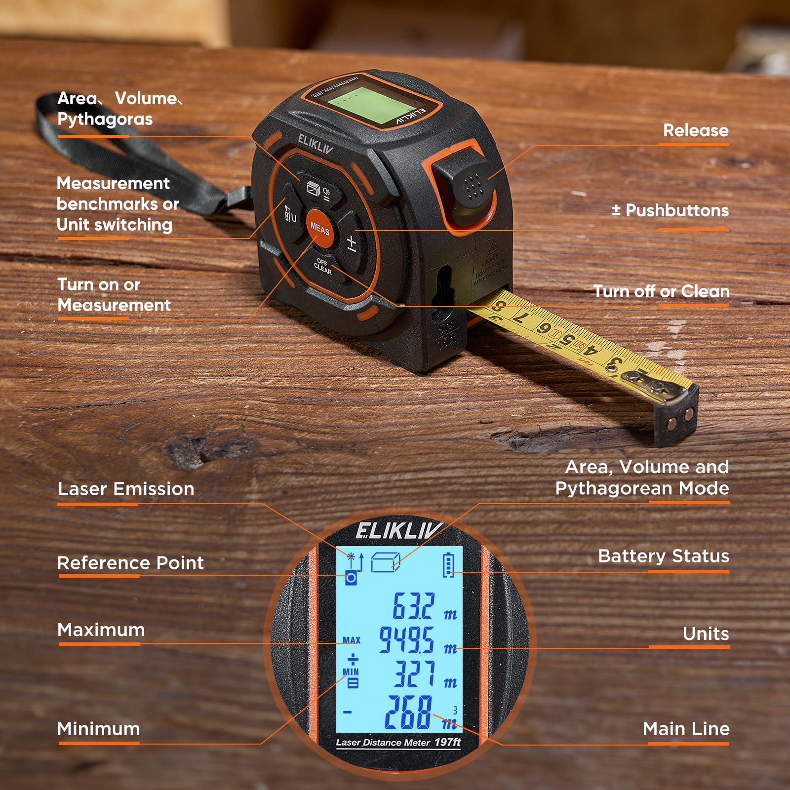 Laser-Bandmaß 197Ft Laser-Messung & 16Ft manuelle Messung Digitales Maßband Unterstützung für Pythagoras-Modus, Fläche, Volumen, Ft/Ft+in/in/M Einheit Distanzmesser für Woodworker Tool