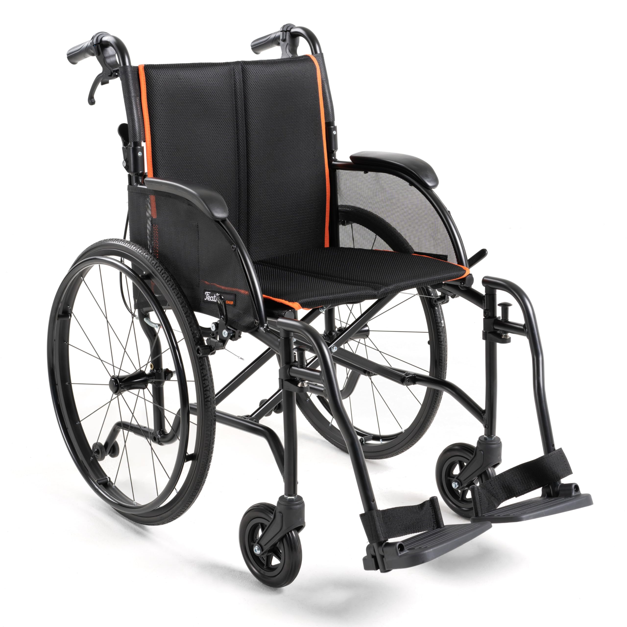 Black Frame Lightweight Folding Wheelchair - 13.5 lbs Frame, 18" Seat Width - Black Cushion - with Swingaway Legrests, Anti-tippers, and Quick Release Wheels - 250 lbs Capacity