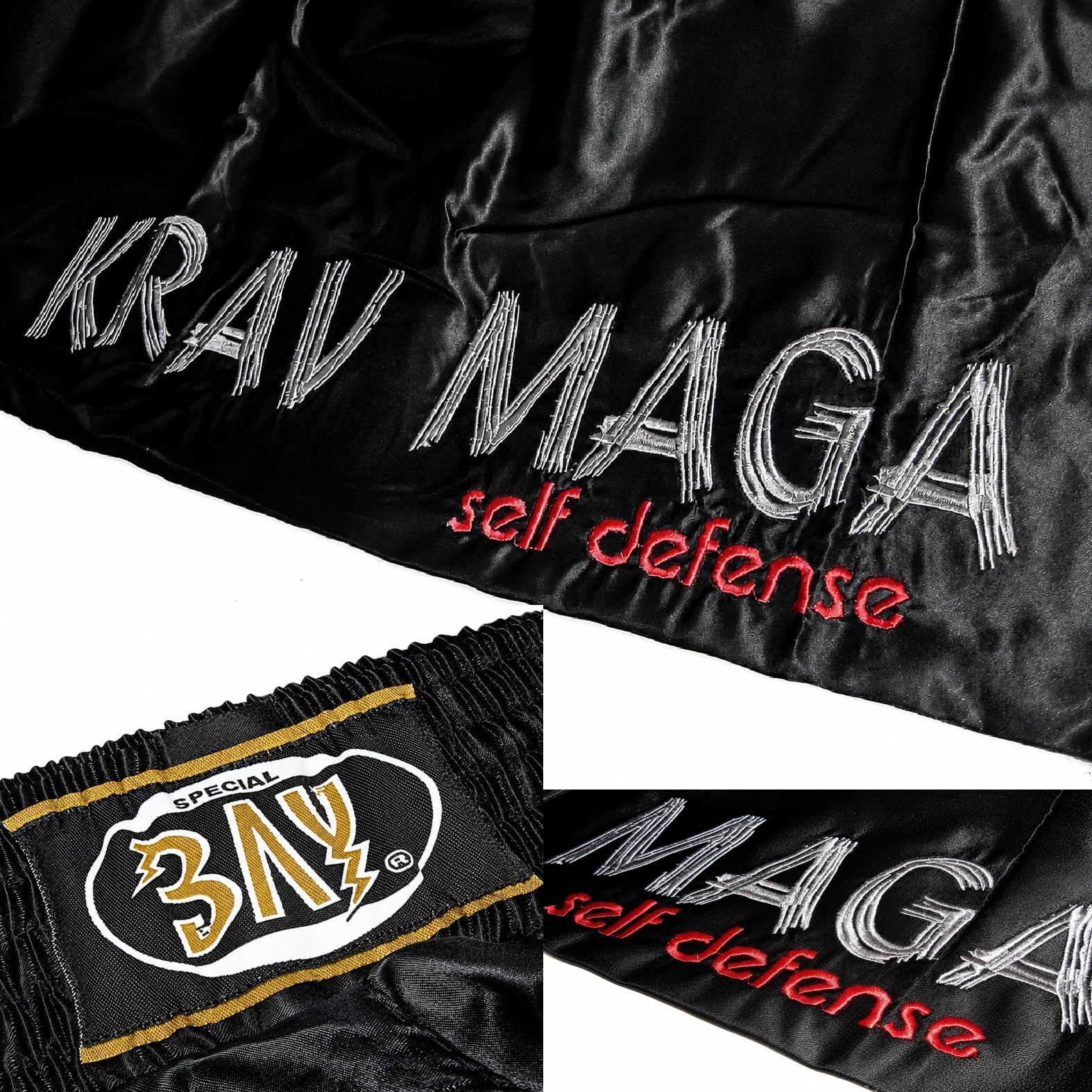 BAY Krav MAGA Satin Kampfsporthose Trainingshose Polyester Schwarz lang mit gesticktem Schriftzug am rechten Hosenbein Erwachsene Damen Herren Kinder Mädchen Jungen Größen 4XS - XXL