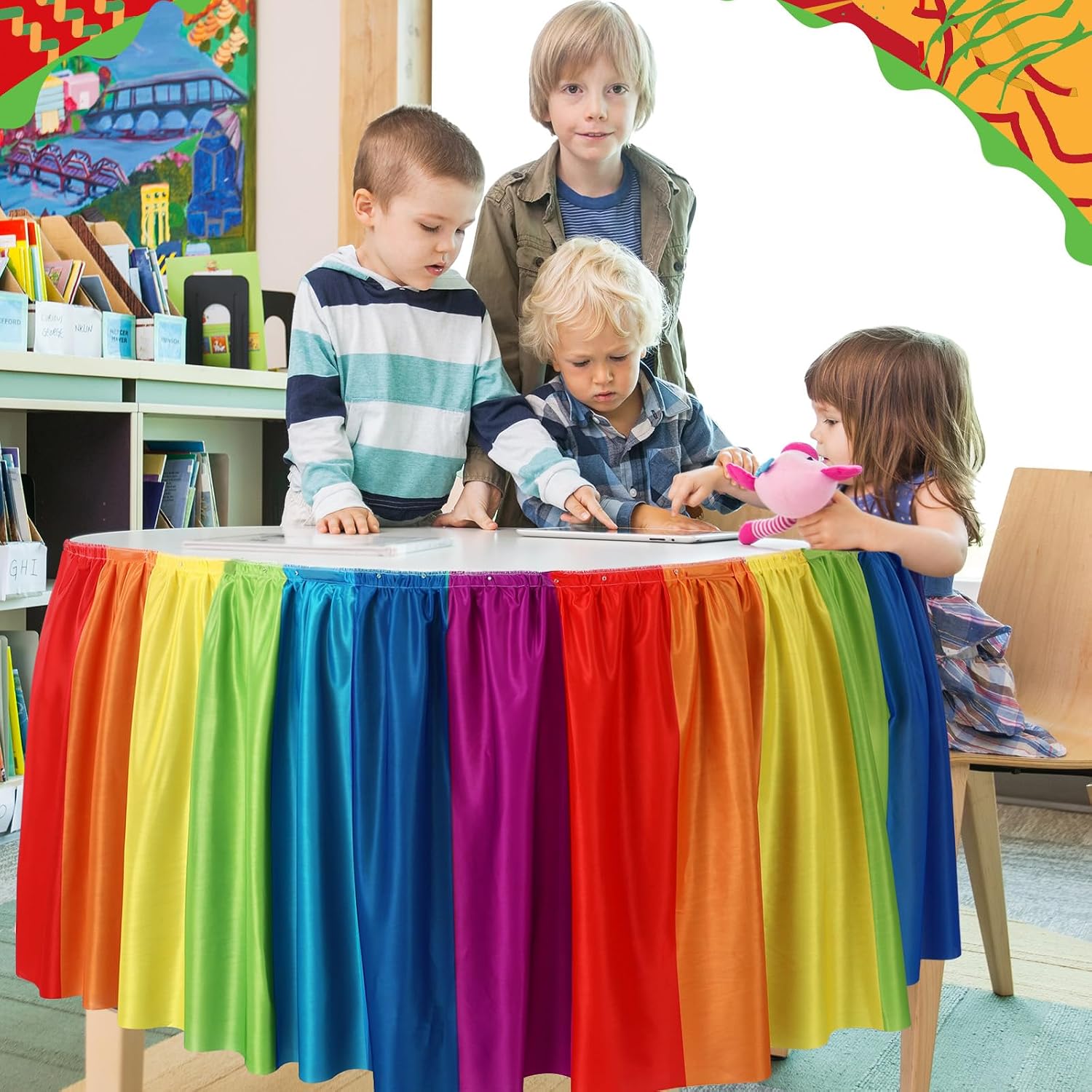 Oudain 14 ft Colorful Rainbow Table Skirt for Teacher Desk