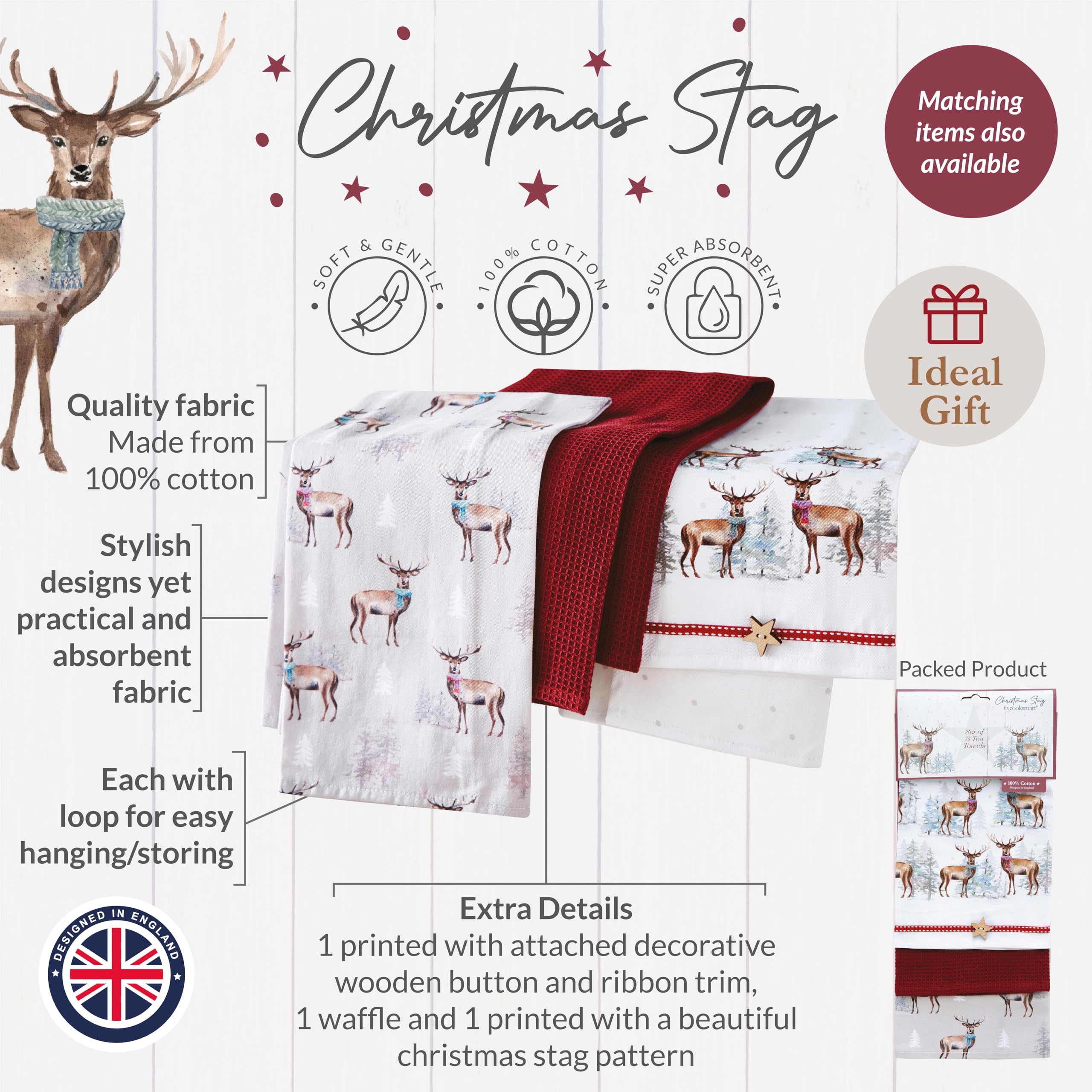 Set 3 Strofinacci Natalizi Cooksmart Con Design Britannico - 100% Cotone, Alta Assorbenza, Con Cervo Natalizio, Lavabili, Regalo Per Le Feste