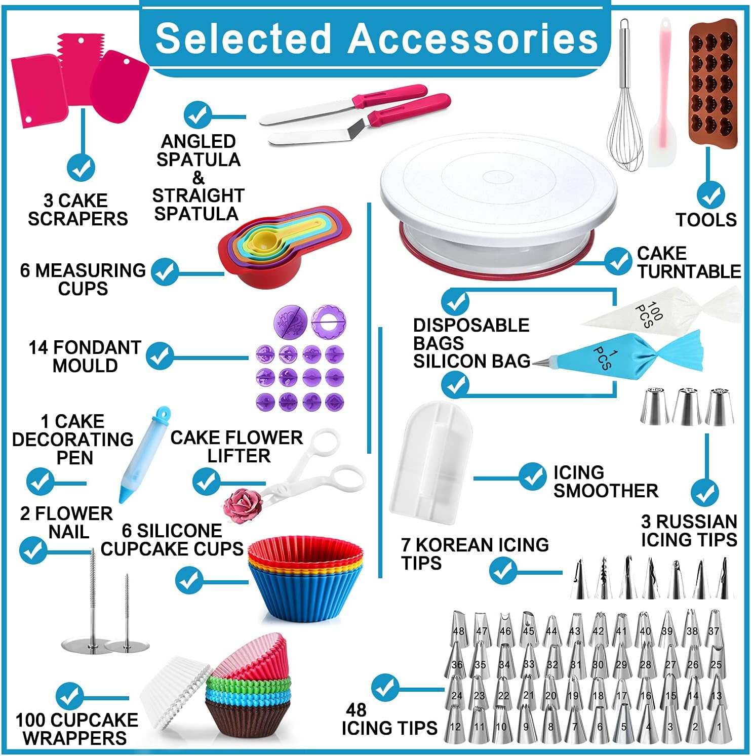 307 Pcs Cake Decorating Supplies Kit -1 Turntable stand-48 Numbered icing tips with pattern chart chart & E.Book-1 Cake Leveler-Straight & Angled Spatula-3 Russian Piping nozzles-Baking tools