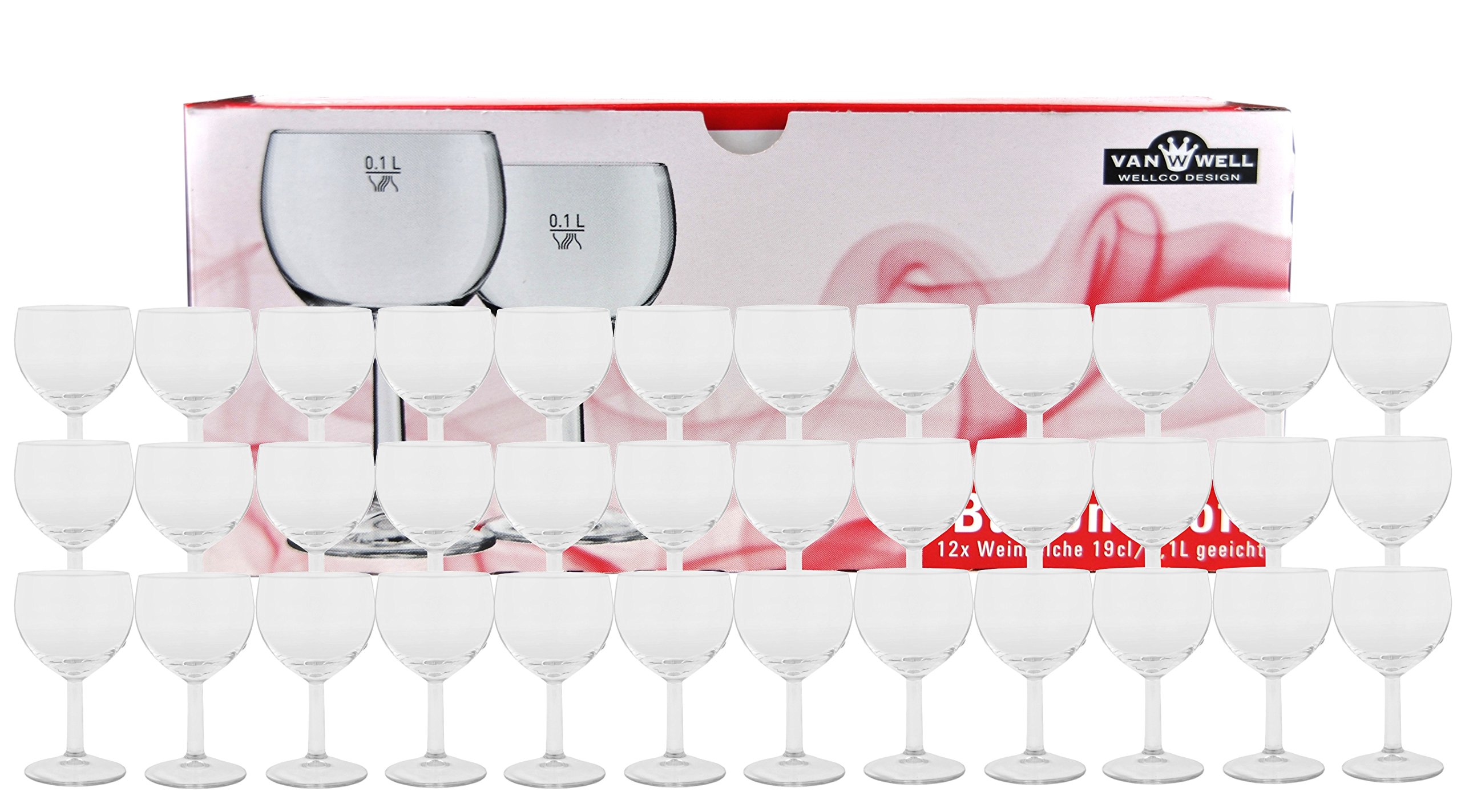 VAN WELL Set de 36 – Verres à vin Ballon Professionnel 19 cl/0,1 l calibré