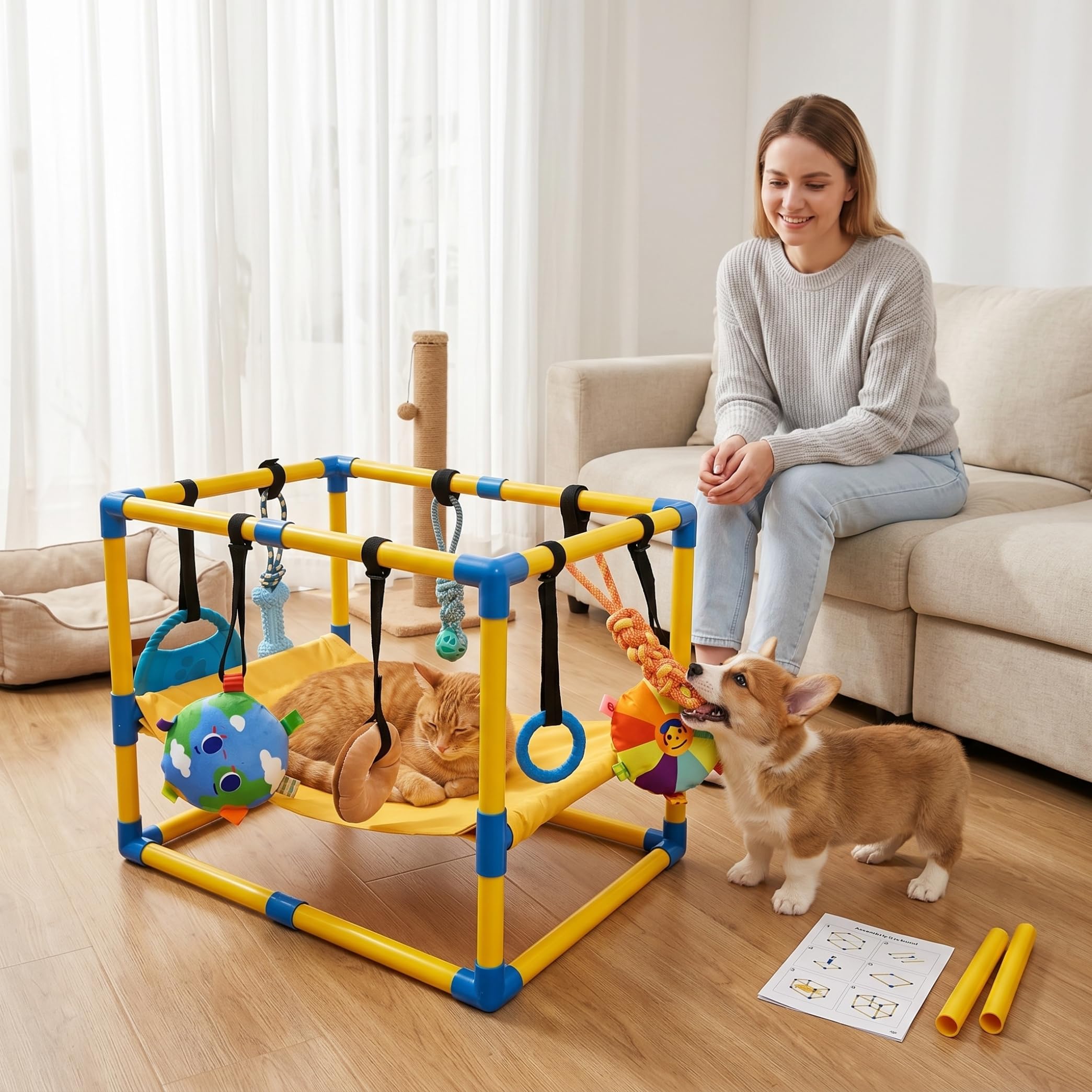 Salle de Jeu pour Chiots, Salle de Jeux pour Chiens avec Jouets Suspendus et hamac, Aire Jeux Robuste pour Chiots en PVC, Jouets interactifs pour activités pour Chiens, 23, 62 × 15, 75 × 16, 93 Pouce